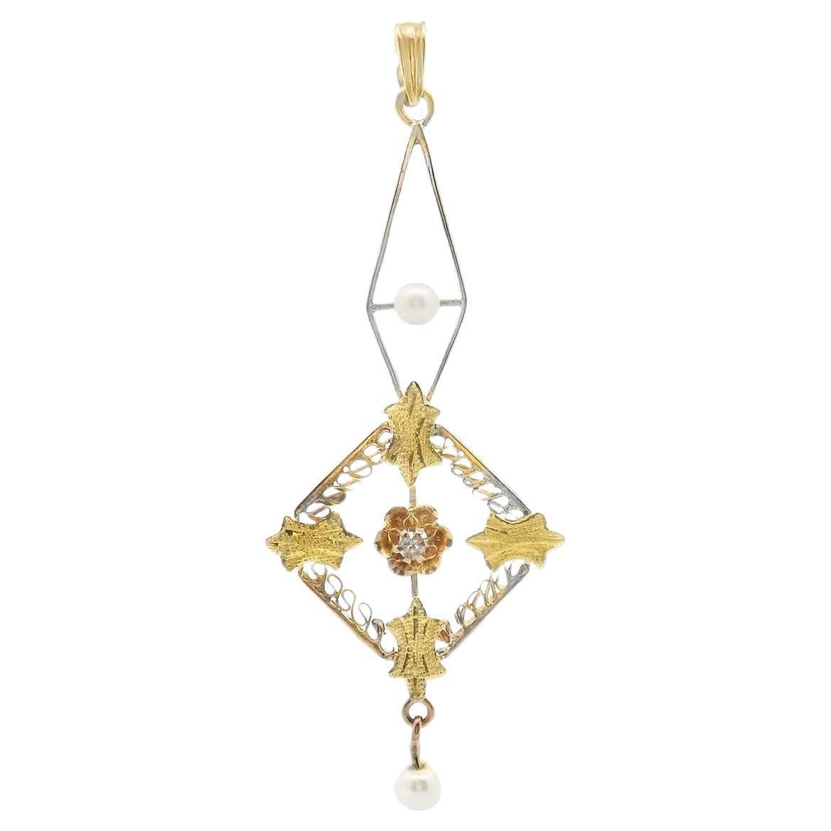 1890 Viktorianische Perle & Diamant Zwei-Ton 14k Blumenmotiv-Anhänger