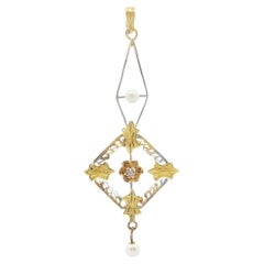 1890 Victorian Pearl & Diamond Two Tone 14k Floral Motif Pendant