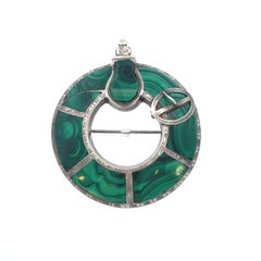 1890 Victorian Rare Scottish Kilt Malachite Sterling Silver Pin