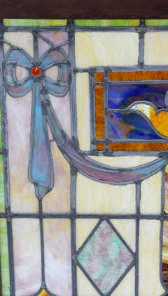 1890 Victorian Stained Glass Window with Jewels & Vibrant Colors