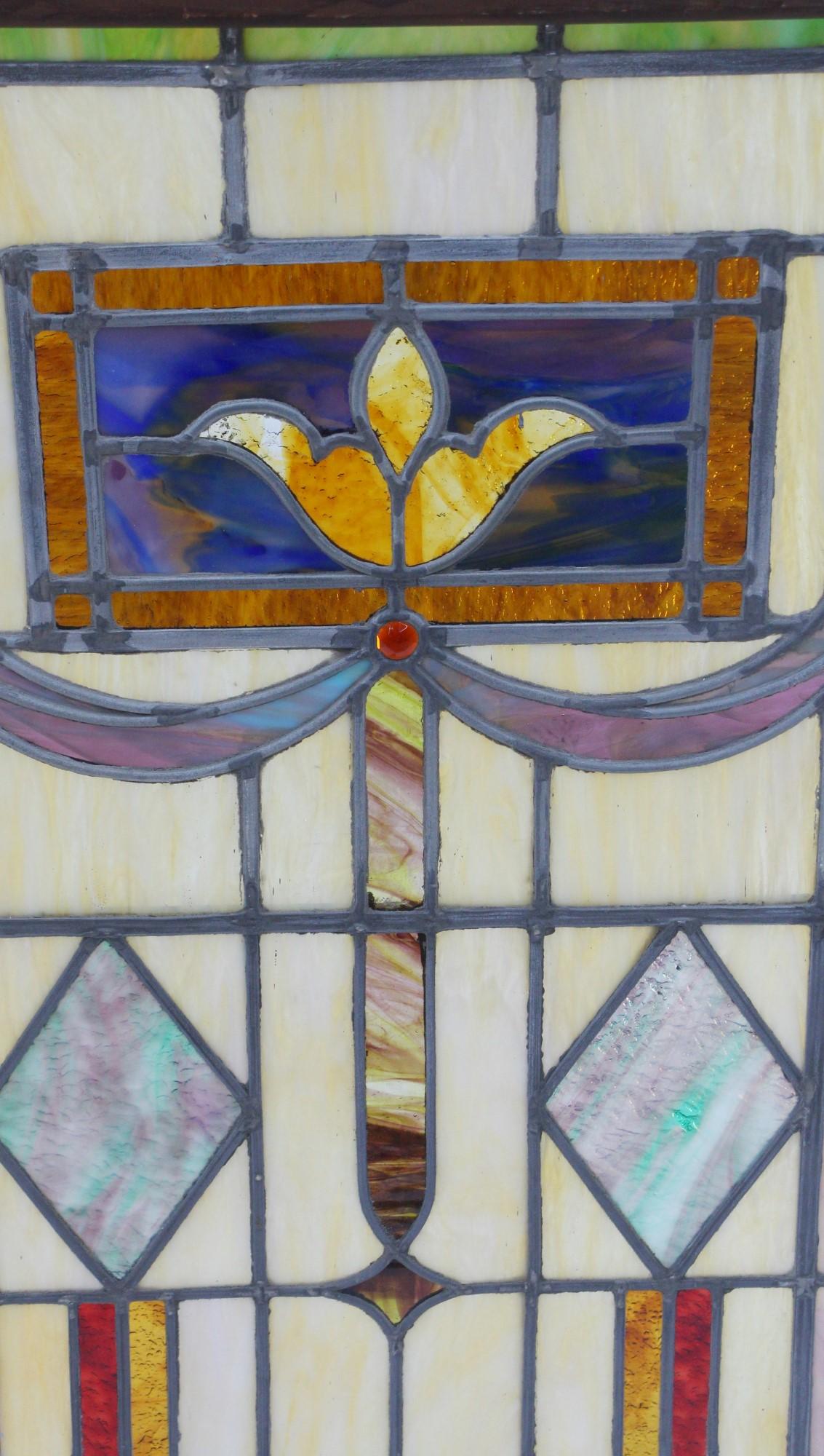 American 1890 Victorian Stained Glass Window with Jewels & Vibrant Colors