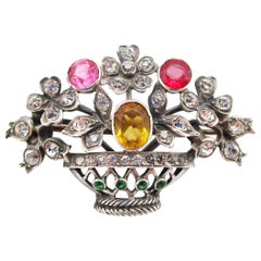 1890 Victorian Sterling Silver Paste Flower Basket Brooch