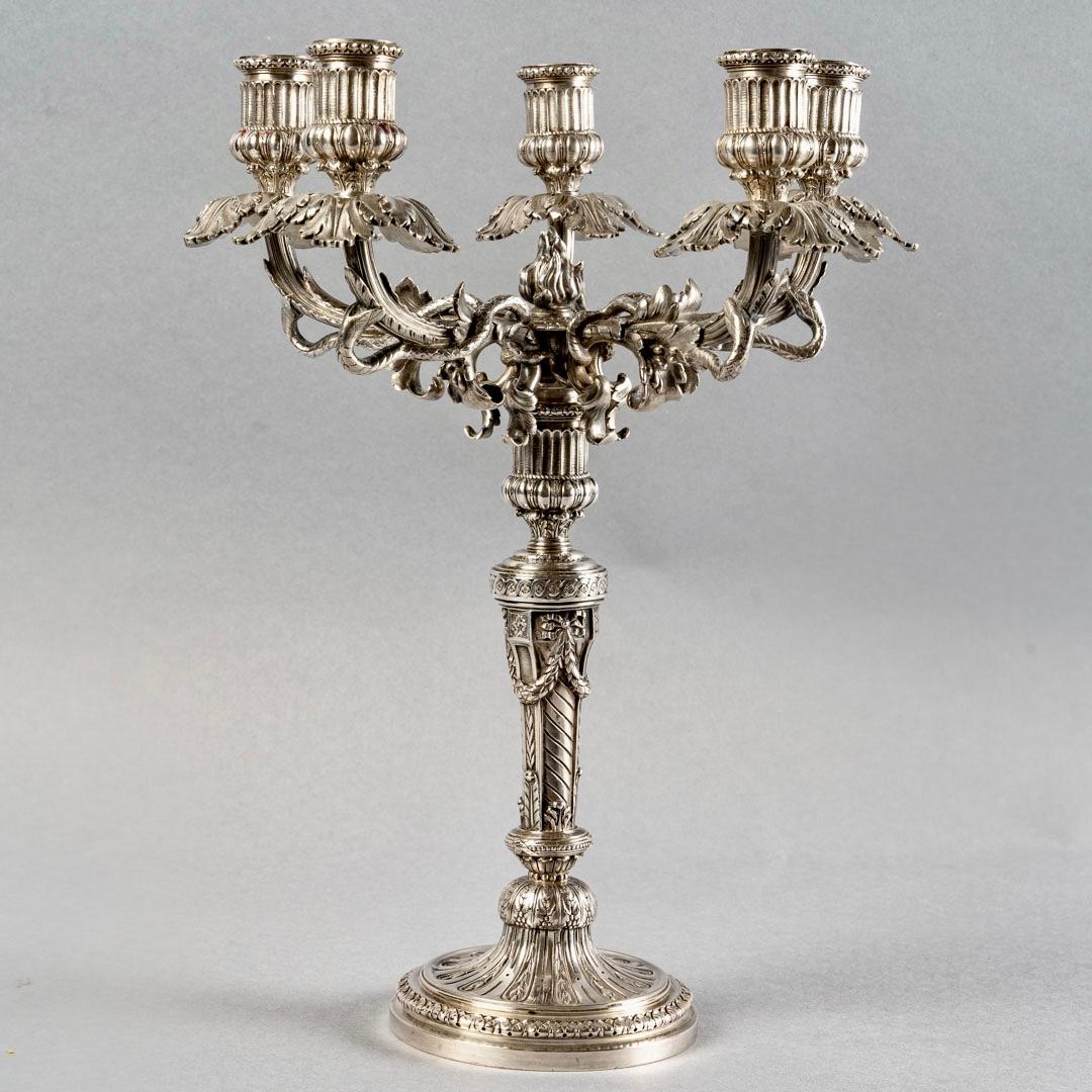 Belgian 1890 Wolfers, Pair of Five-Light Candelabra Candlesticks Sterling Silver