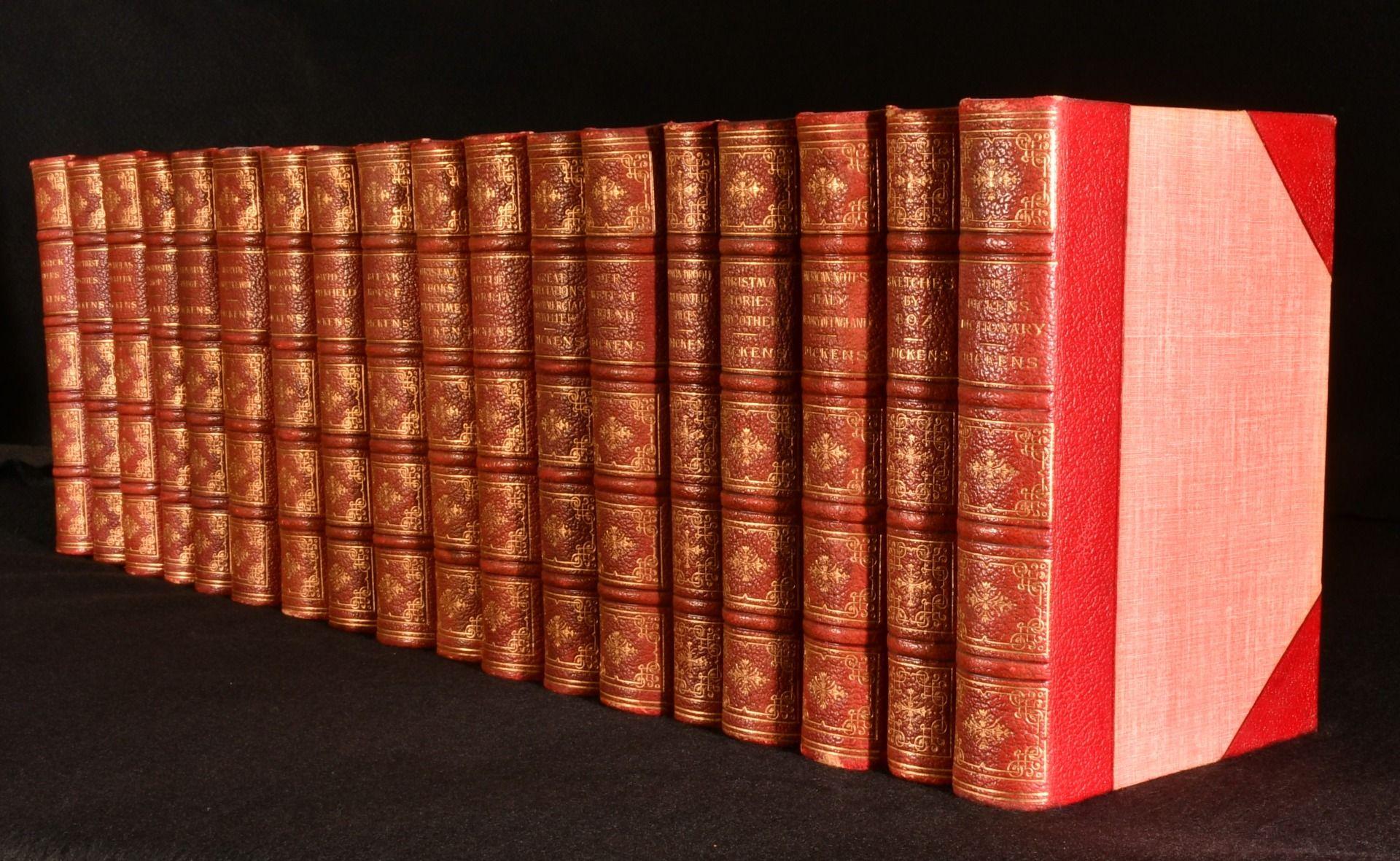 Eighteen smart leather-bound volumes, containing the illustrated works of the enduringly popular Charles Dickens.

Twenty-five works in eighteen volumes, bound in half morocco bindings, with gilt detailing to the spines and marbled end papers. Top