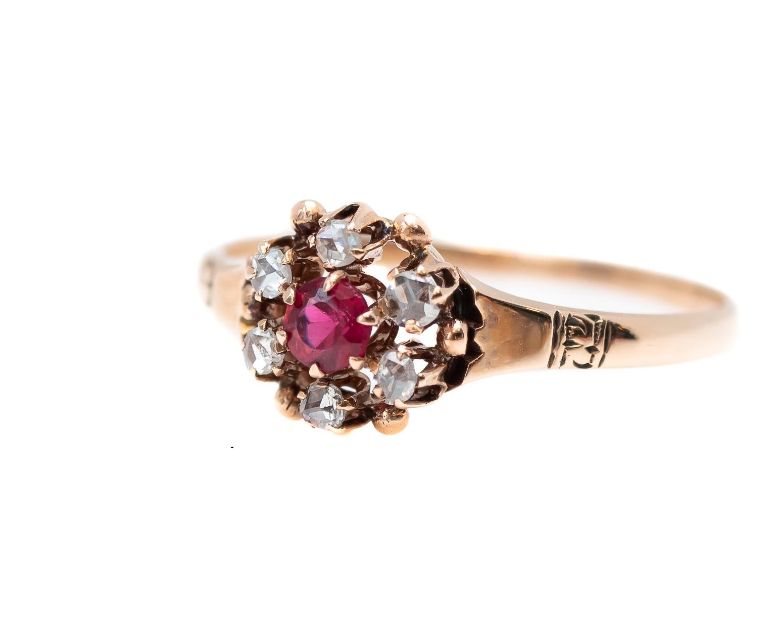 Old Mine Cut 1890s 0.33 Carat Diamond Halo and Ruby Floral 9 Karat Gold Ring