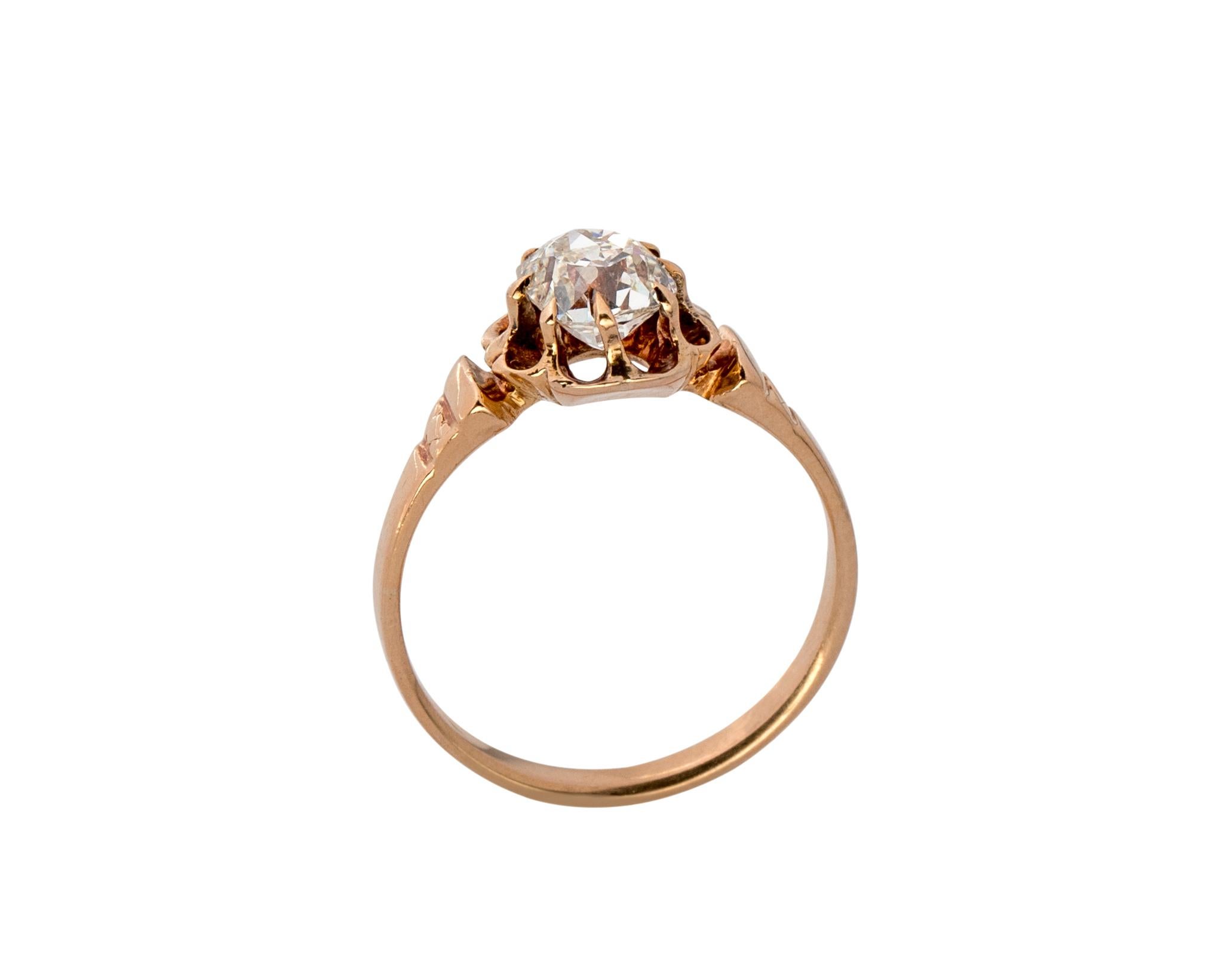 Ring Details:
Metal type: 18 Karat Yellow Gold
Ring Size: 6 (resizable)
Weight: 2.5 grams

Diamond Details:
Carat: 1 Carat 
Color: J
Clarity: vs1
Cut: Old Mine Cushion

Features a beautiful 1 Carat Cushion Cut center diamond, held by 9 prongs in