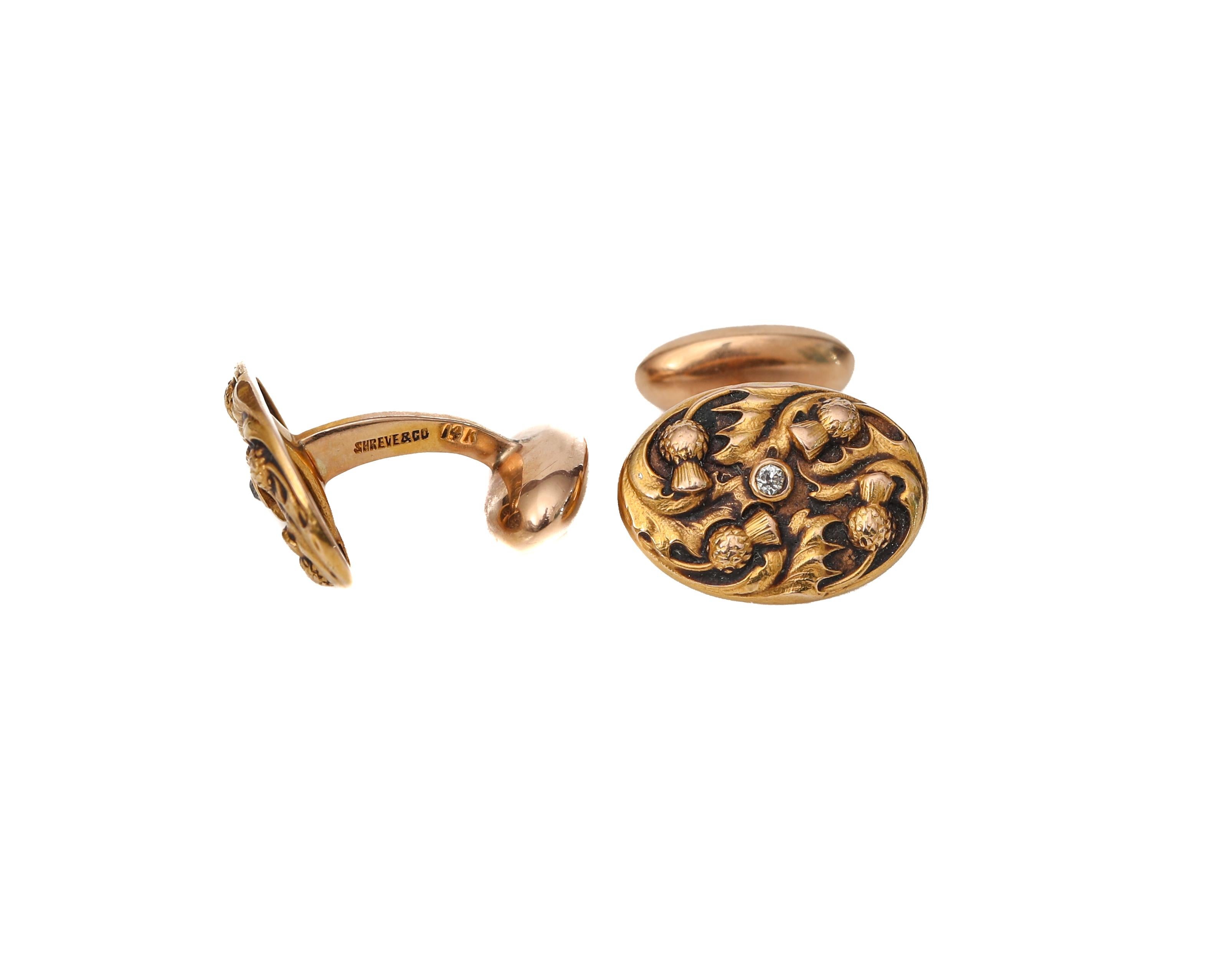 Uniquely crafted Cufflinks from the 1890s in 14 karat yellow gold. These feature accent old mine cut diamonds, weight a total of .10 carats. 

These cufflinks are made by Designer Shrive & Co and feature beautiful hand carving design on the