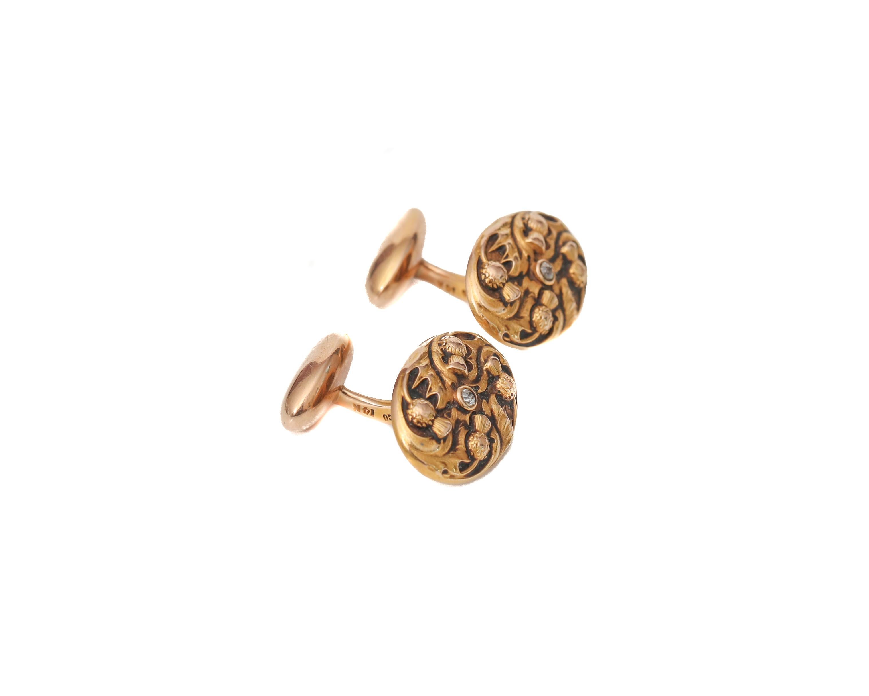 1890s .10 Carat Old Mine Cut Diamond Cufflinks in 14 Karat Yellow Gold In Excellent Condition For Sale In Atlanta, GA