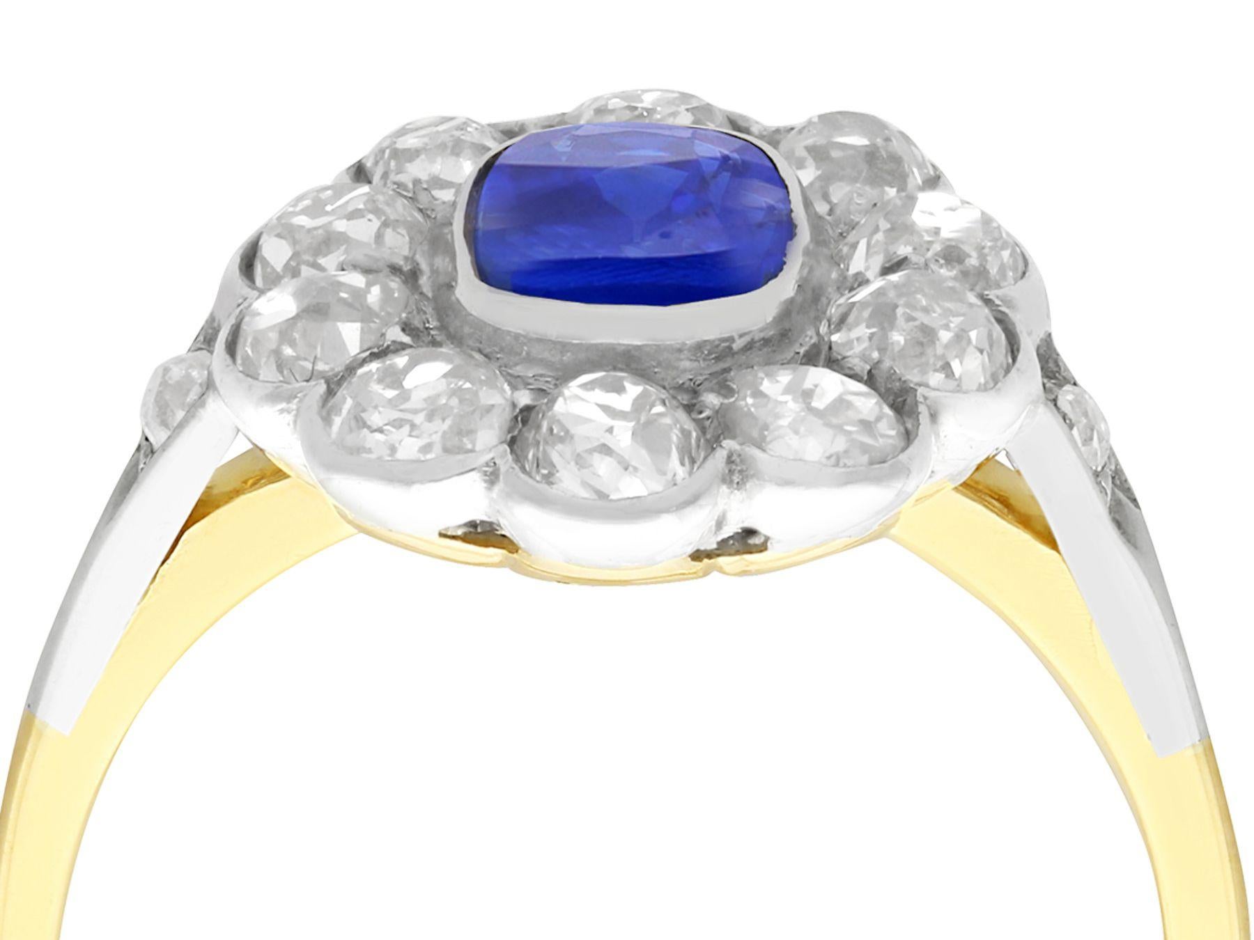 A stunning antique 1.28 carat sapphire and 1.65 carat diamond, 14 karat yellow gold and silver set cocktail ring; part of our diverse antique jewelry collections.

This stunning, fine and impressive sapphire ring has been crafted in 14k yellow gold