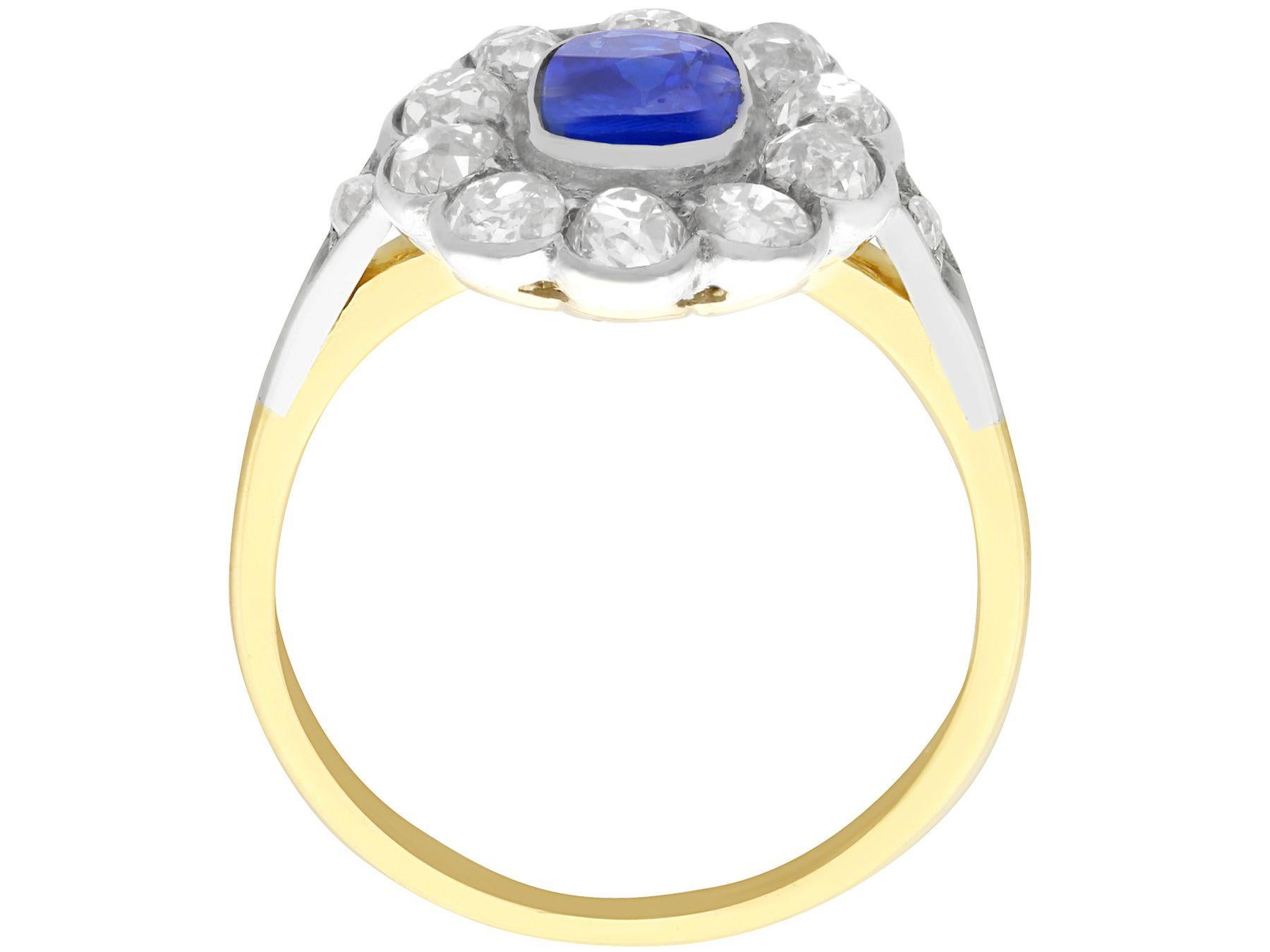 Round Cut 1890s 1.28 Carat Sapphire 1.65 Carat Diamond Gold Cluster Ring For Sale