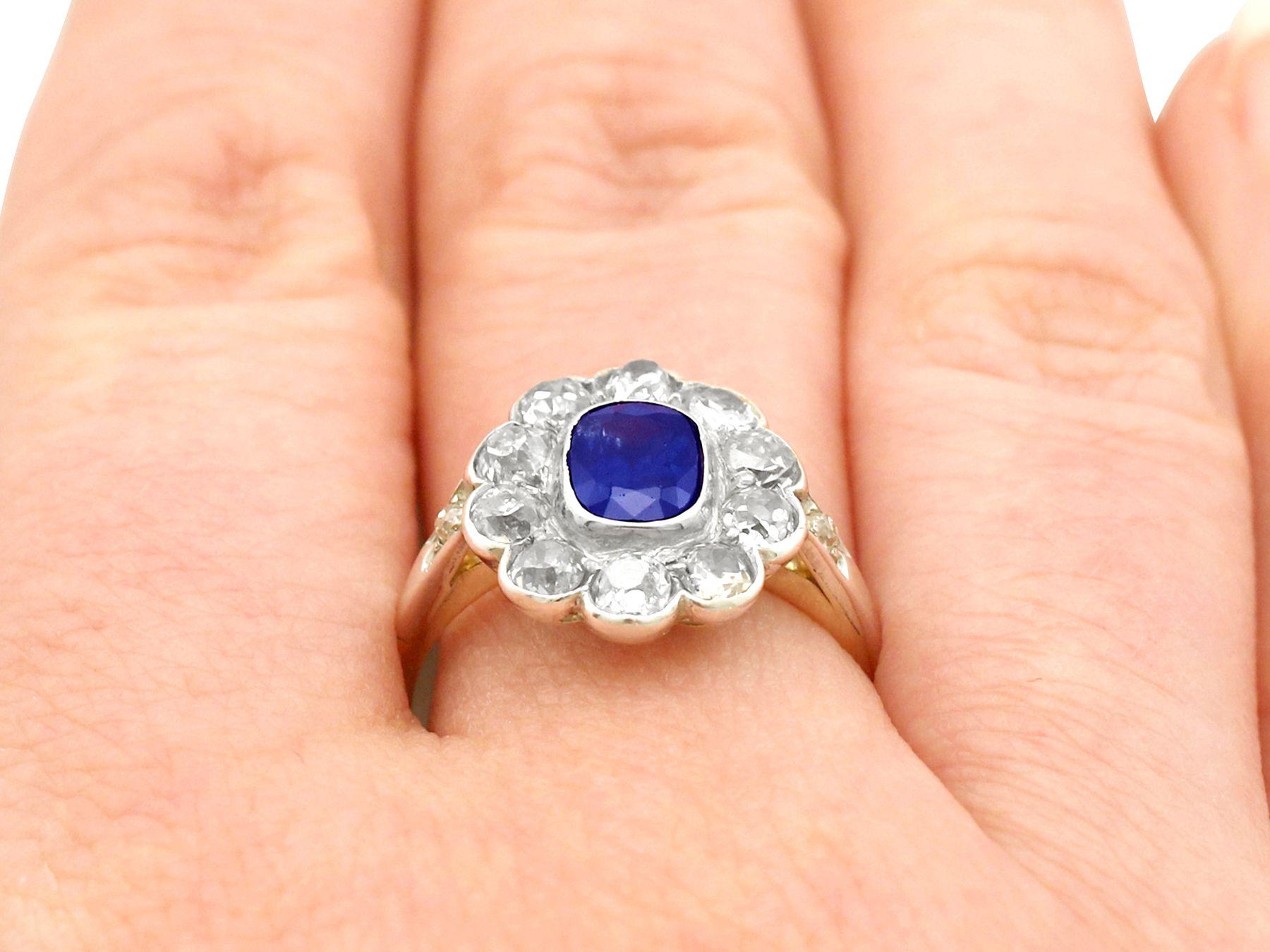 1890s 1.28 Carat Sapphire 1.65 Carat Diamond Gold Cluster Ring For Sale 1