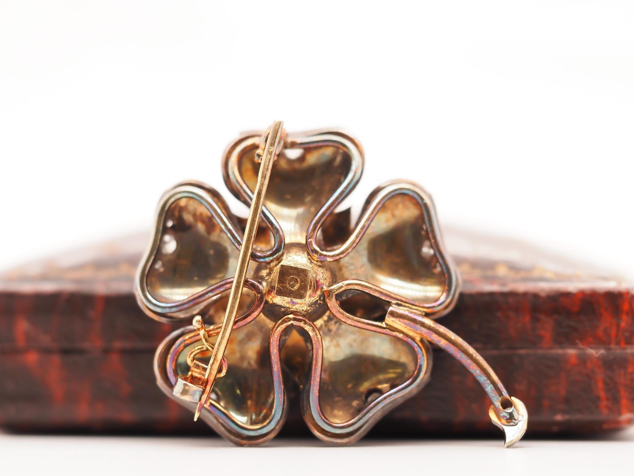 Victorian 1890s 18K Yellow Gold Enamel and Old Mine Diamond Flower Brooch For Sale