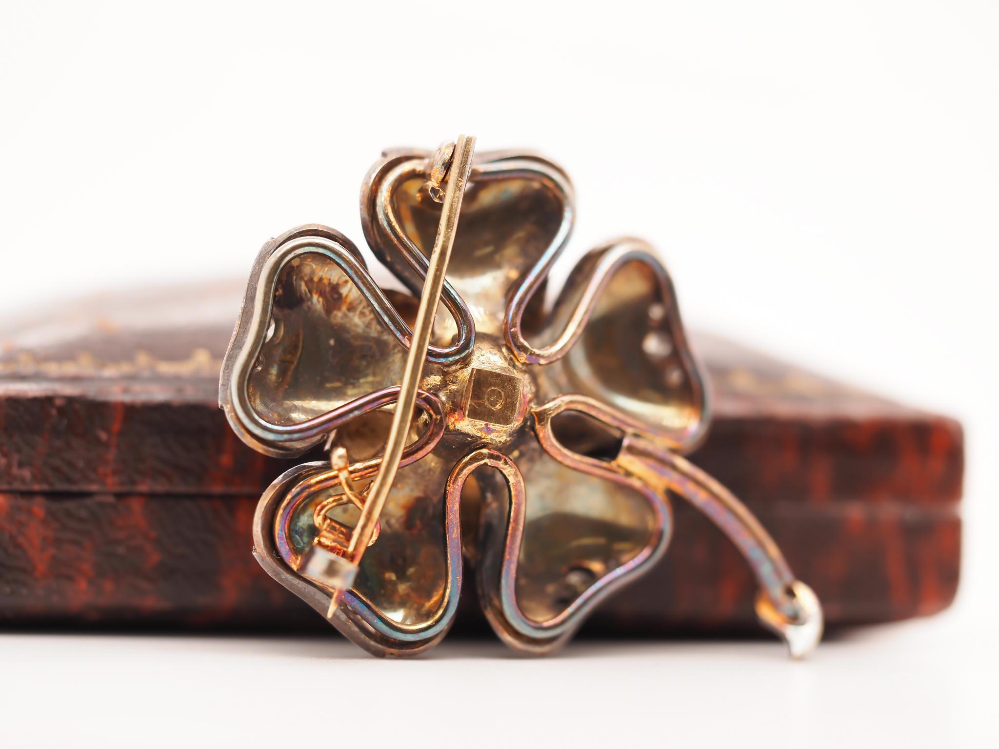 Old Mine Cut 1890s 18K Yellow Gold Enamel and Old Mine Diamond Flower Brooch For Sale
