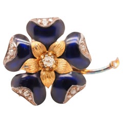 1890s 18K Yellow Gold Enamel and Old Mine Diamond Flower Brooch