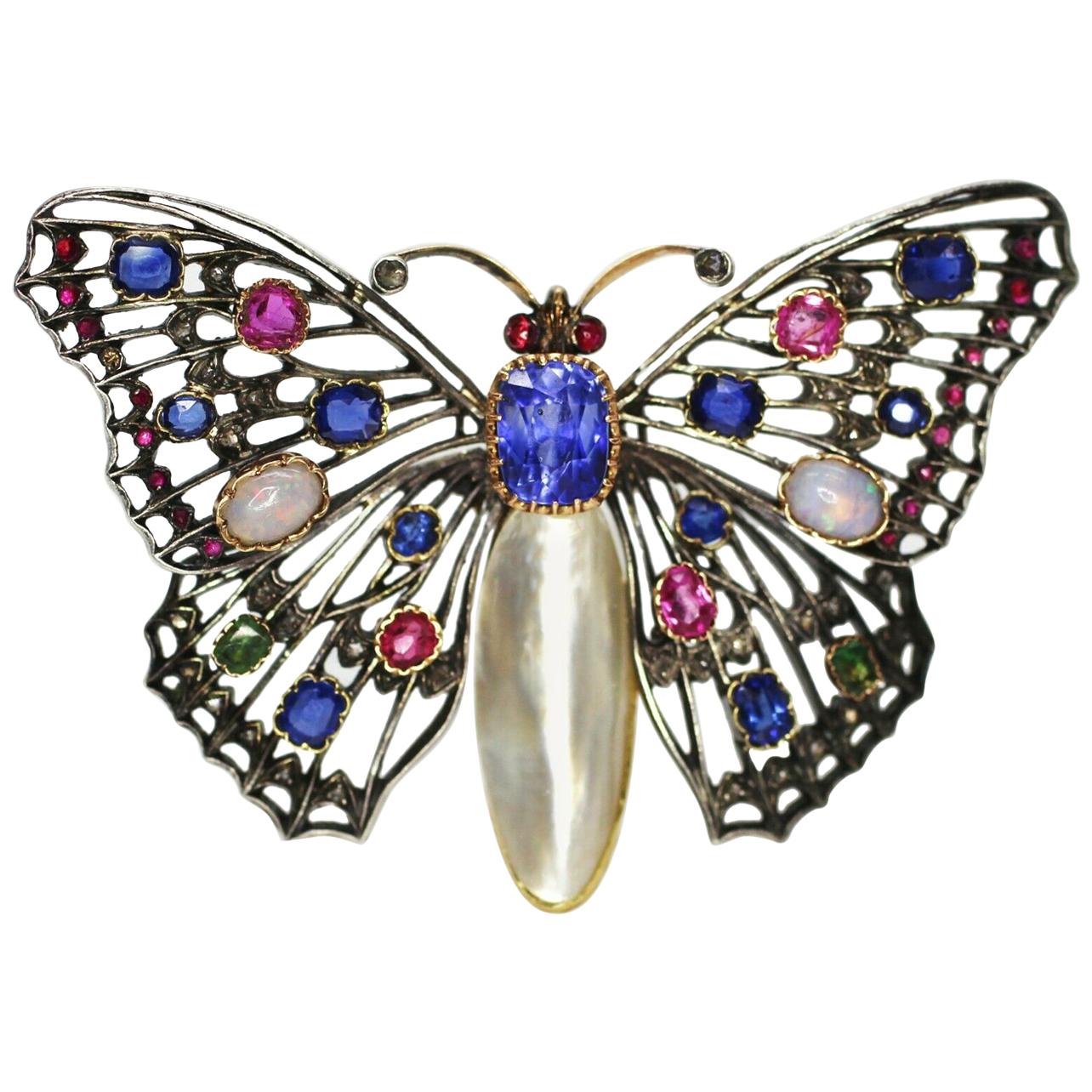 1890s-1910s Era Art Nouvea Vintage Butterfly Pendant Decorated with Multi Stones