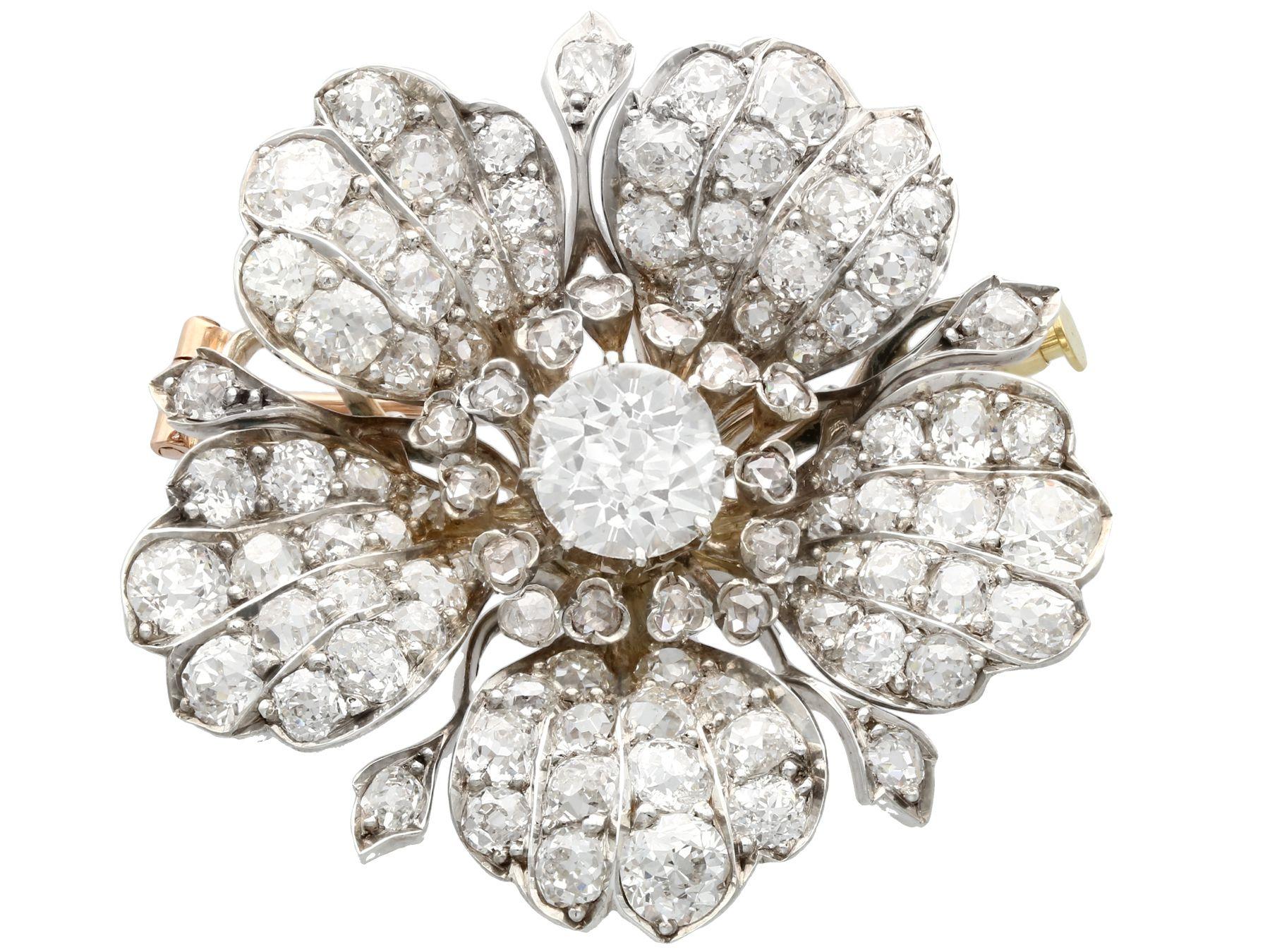 Round Cut 1890s Antique 11.97 Carat Diamond and White Gold Floral Brooch