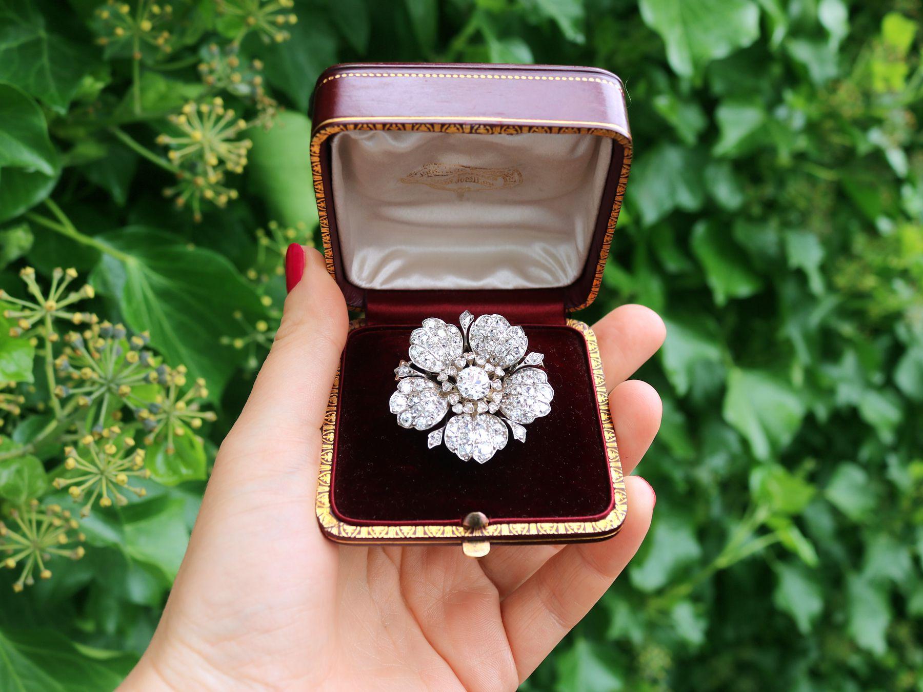 Victorian 1890s Antique 11.97 Carat Diamond and White Gold Floral Brooch