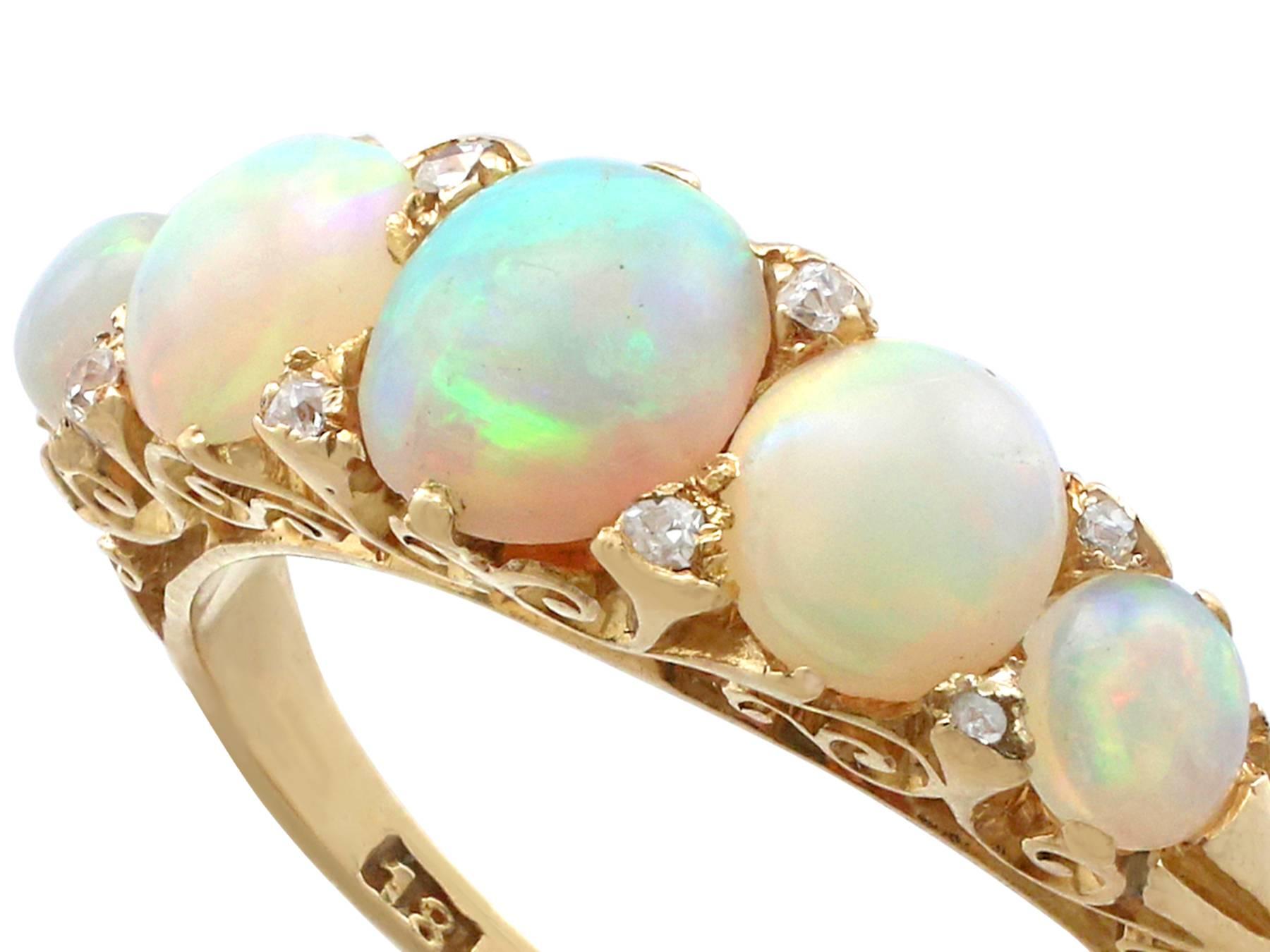 Round Cut 1890s Antique 1.72 Carat Opal and Diamond Yellow Gold Five-Stone Ring