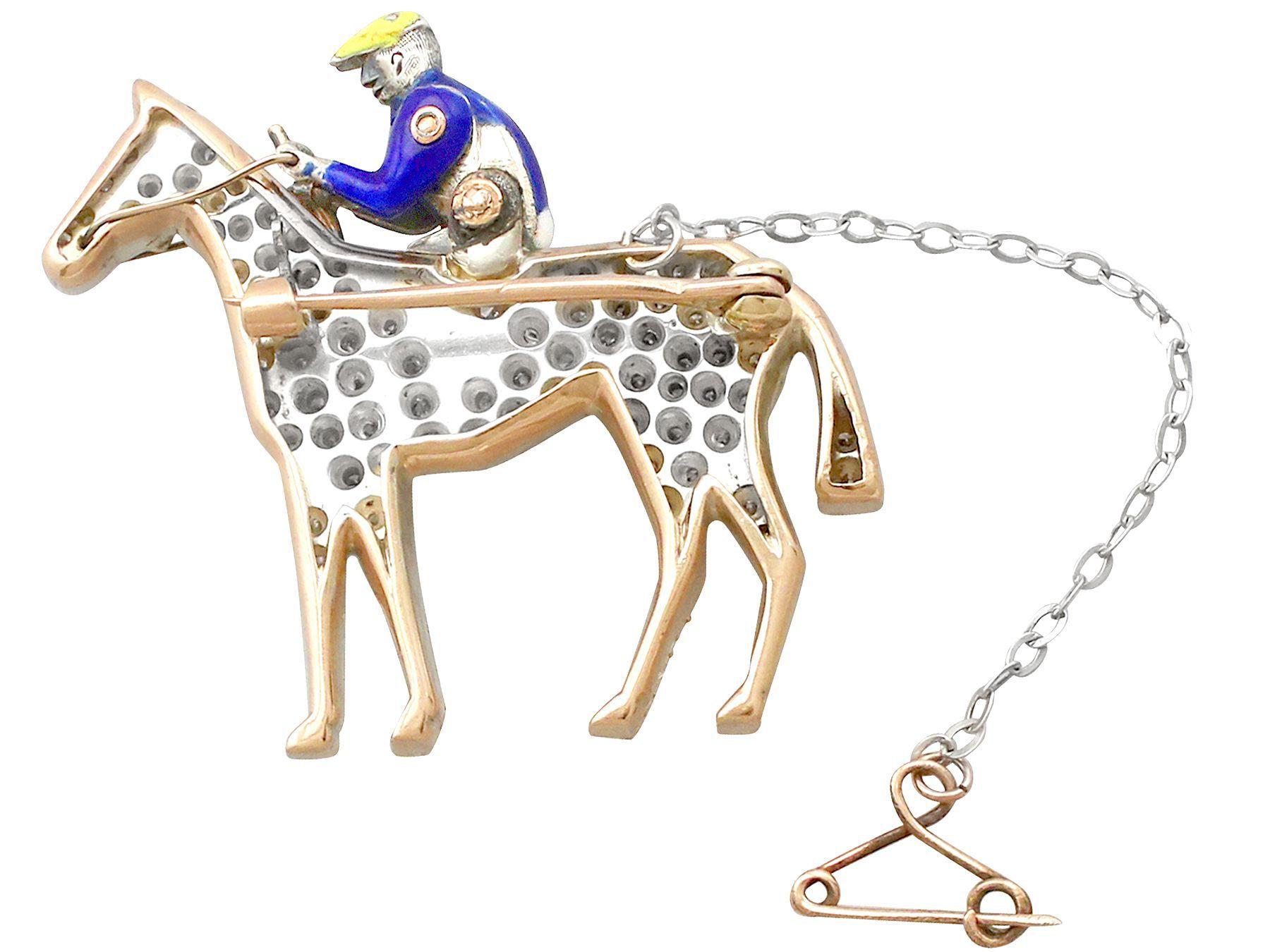 Women's or Men's Victorian 2.55 Carat Diamond and Enamel Yellow Gold Horse and Jockey Brooch For Sale