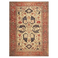 1890s Antique Beige & Red Border Geometric Serapi Knotted Room Size Wool Rug