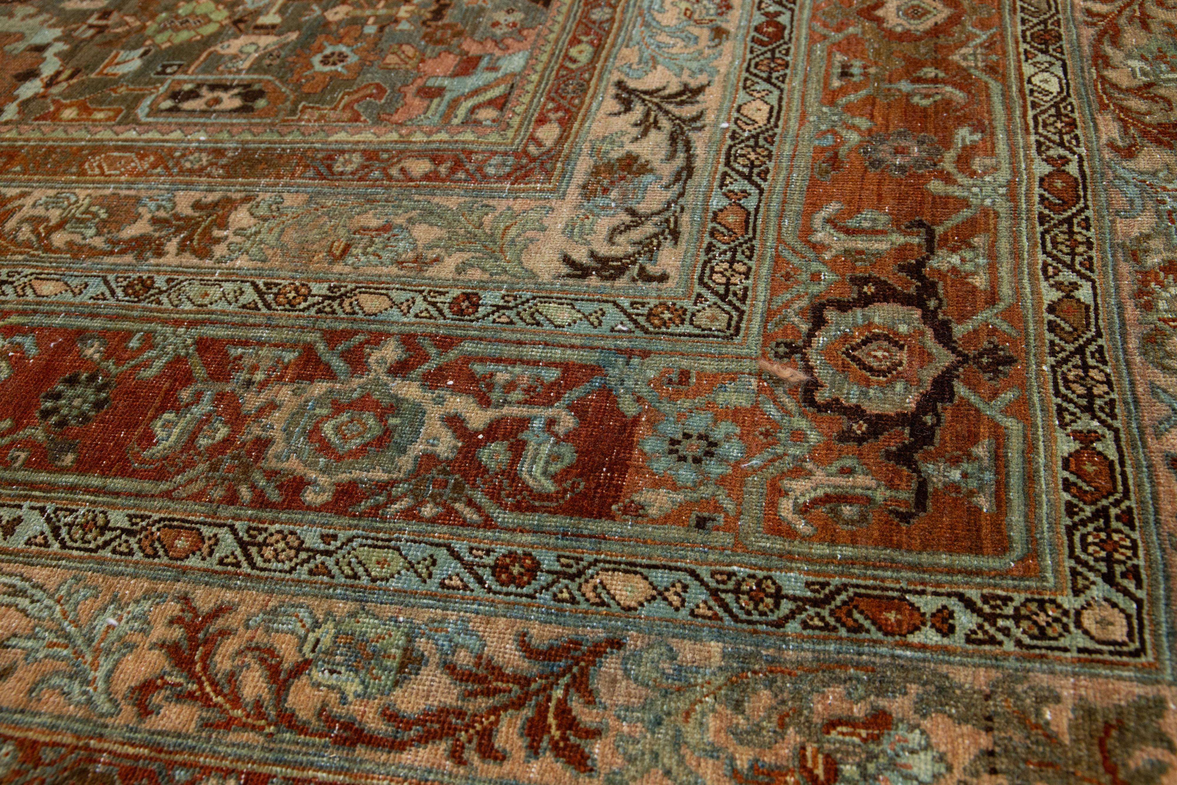 Islamic 1890s Antique Bidjar Handmade Floral Wool Rug In Blue For Sale