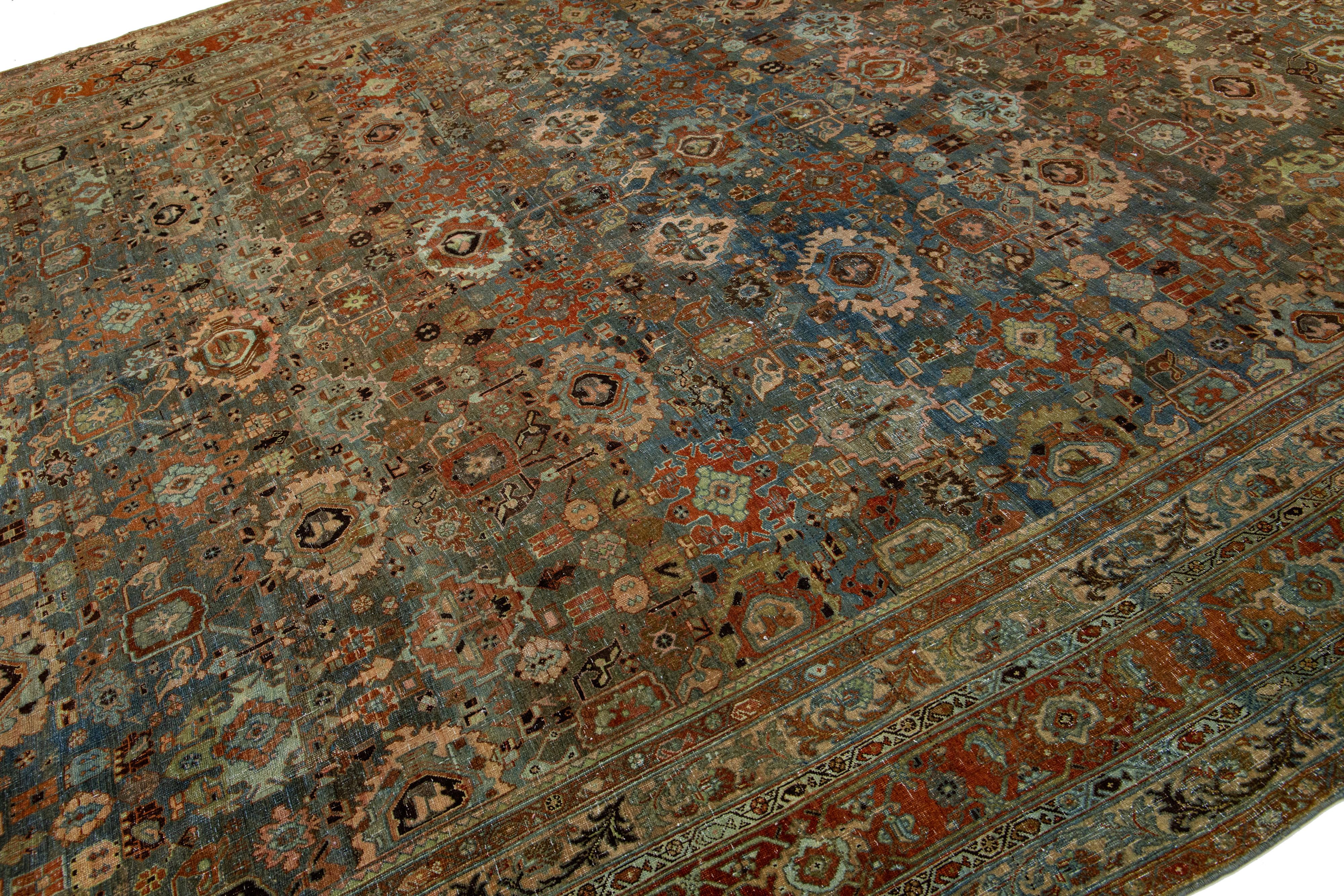 Persian 1890s Antique Bidjar Handmade Floral Wool Rug In Blue For Sale
