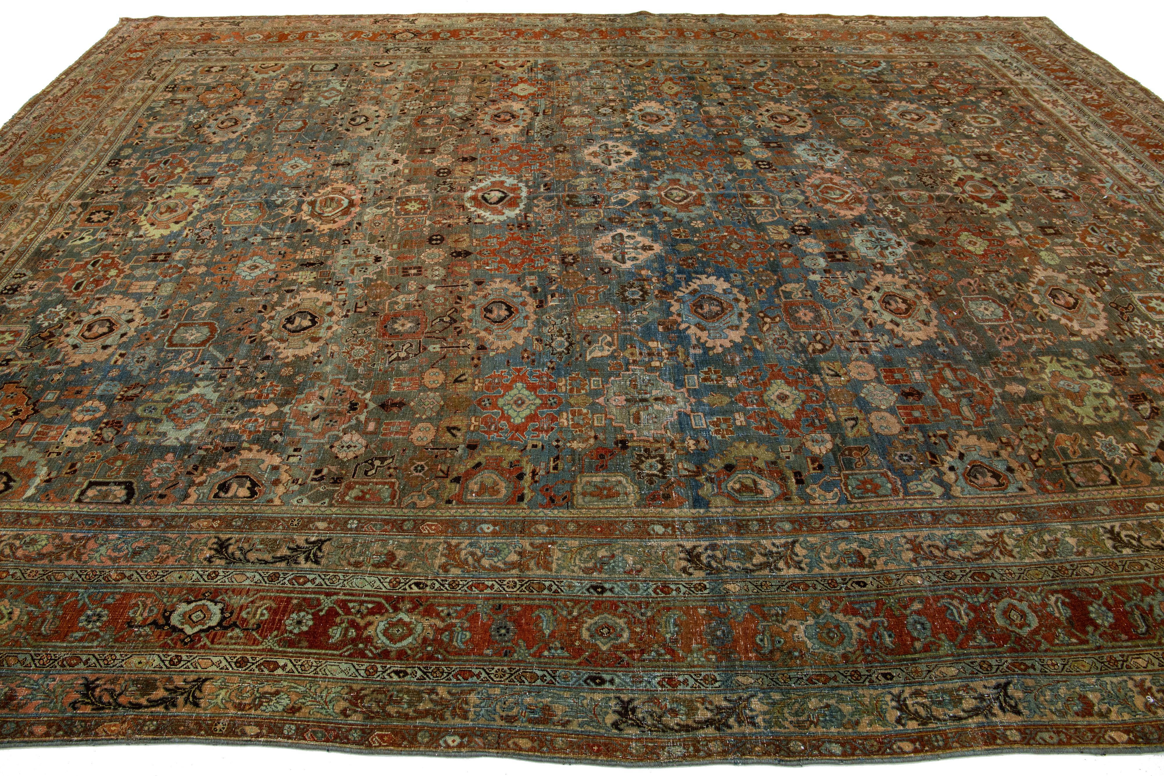 Hand-Knotted 1890s Antique Bidjar Handmade Floral Wool Rug In Blue For Sale