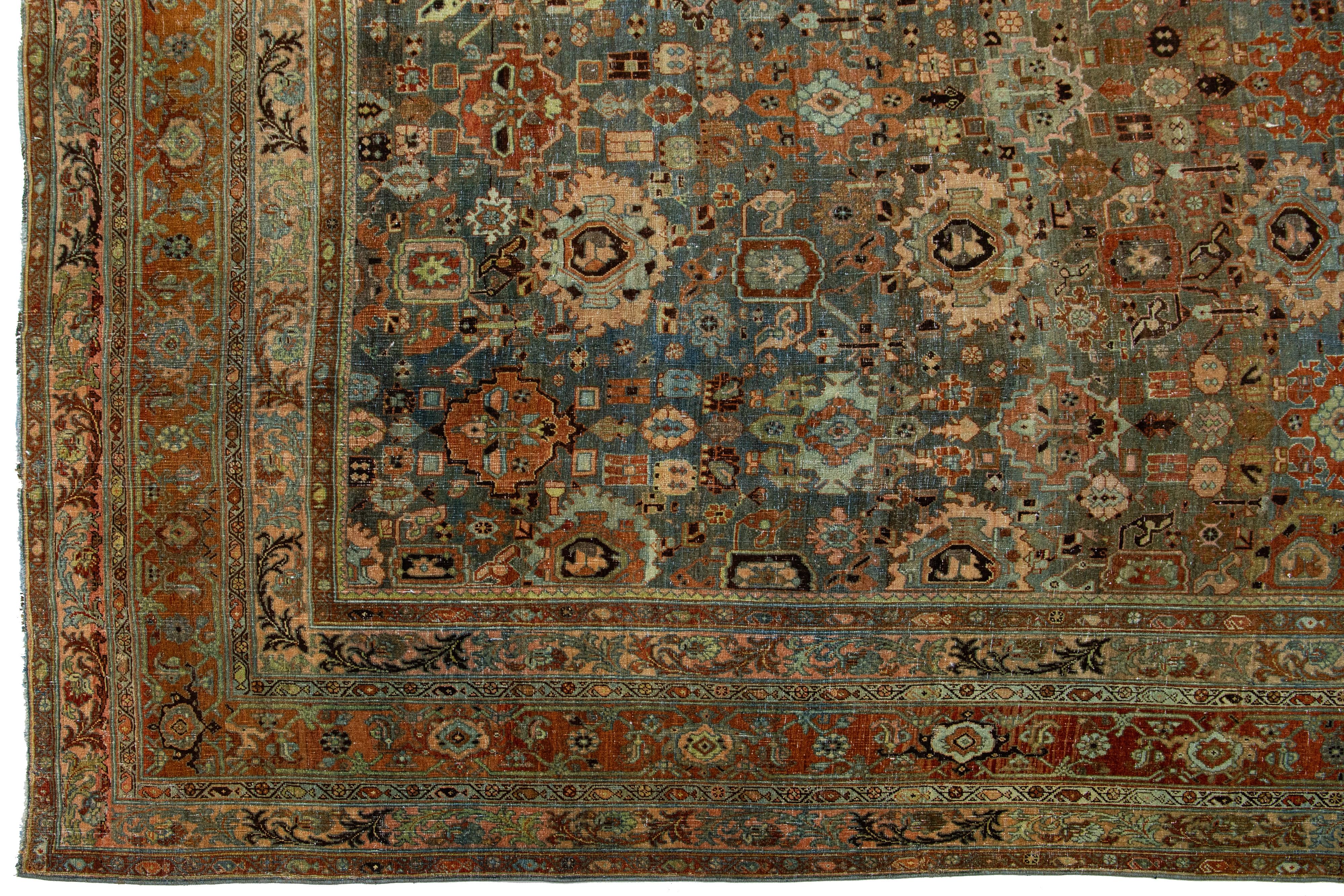 1890s Antique Bidjar Handmade Floral Wool Rug In Blue In Good Condition For Sale In Norwalk, CT
