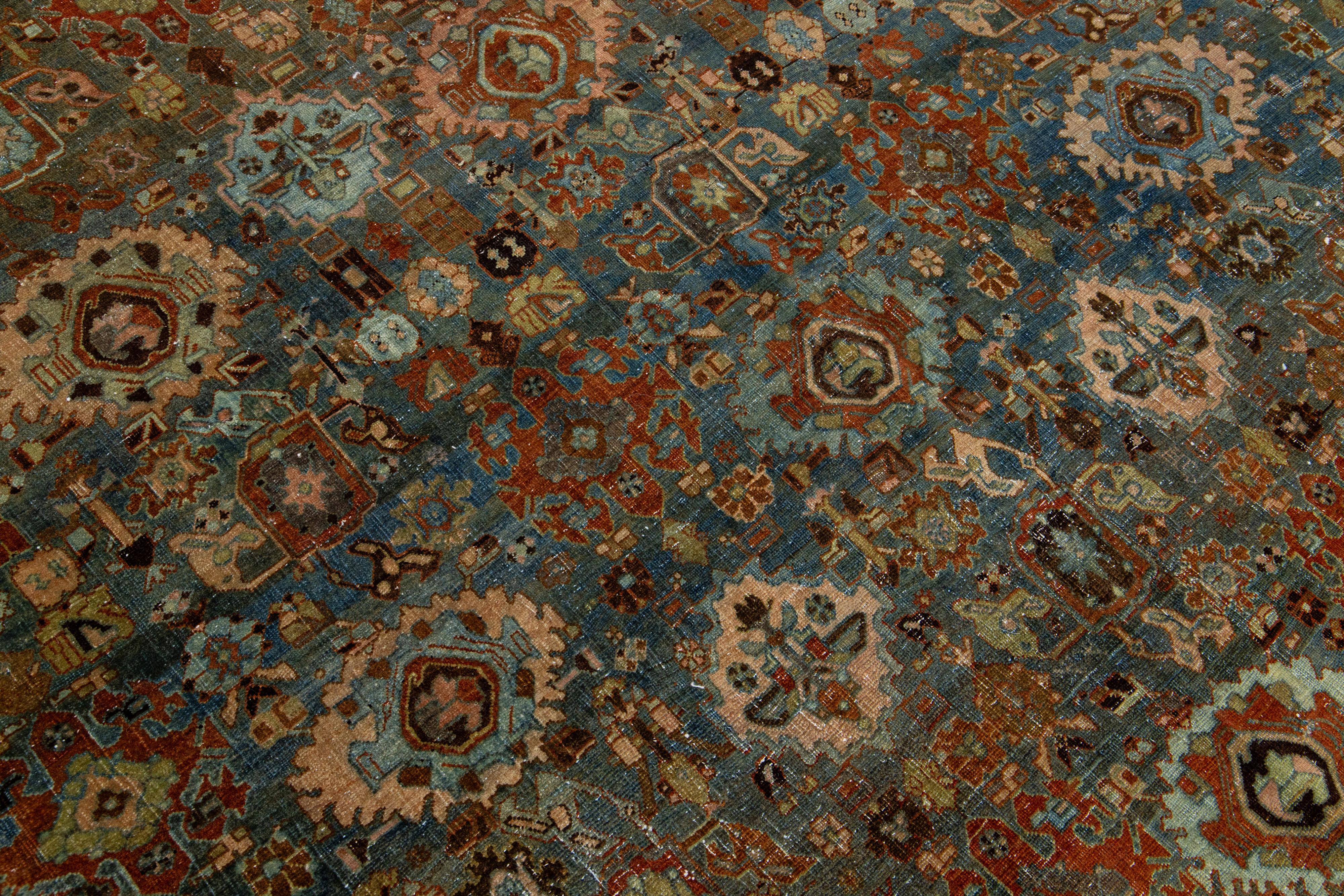 1890s Antique Bidjar Handmade Floral Wool Rug In Blue For Sale 1