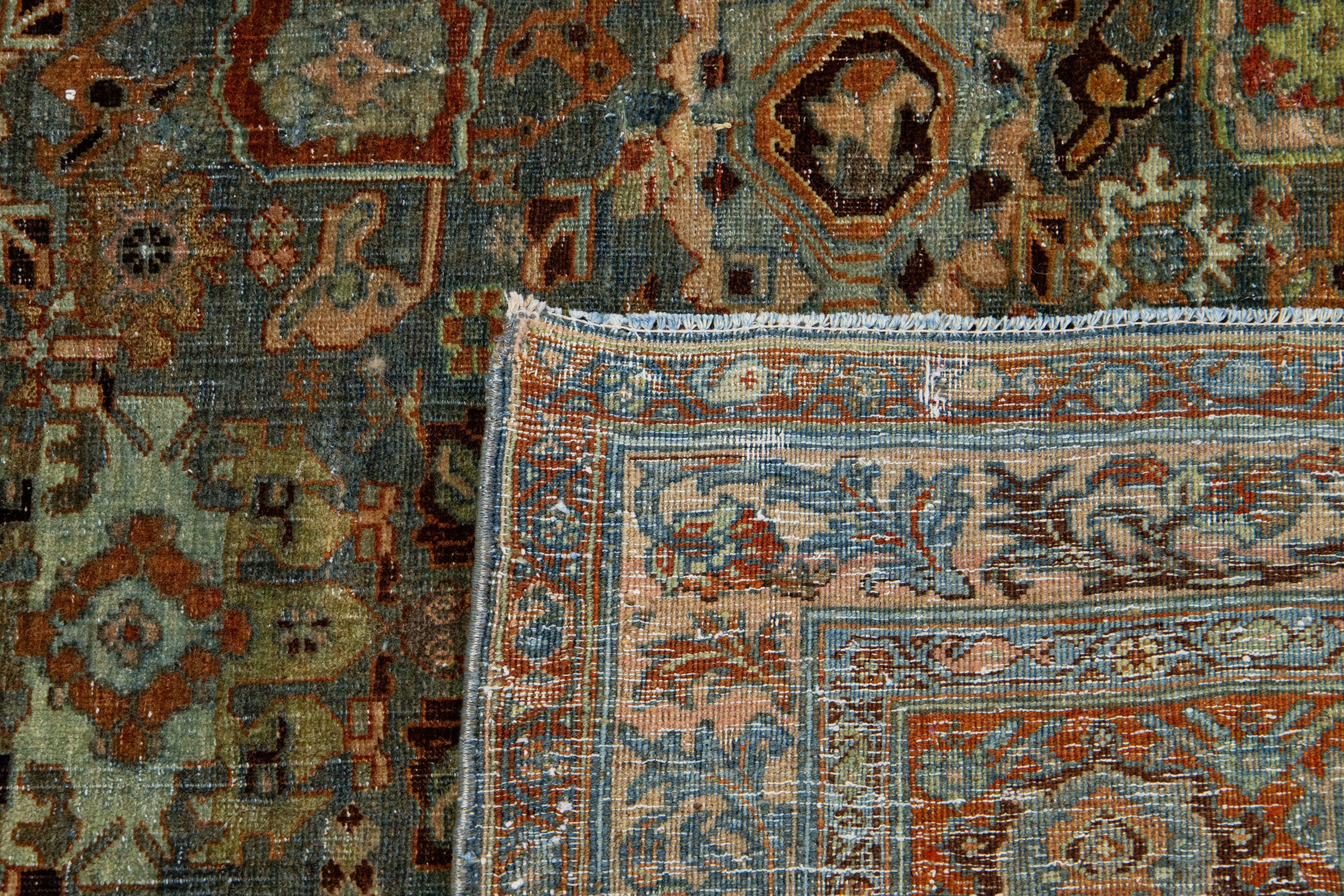 1890s Antique Bidjar Handmade Floral Wool Rug In Blue For Sale 2