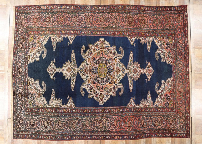 Tapis Hamadan Persan Bleu Azur - Laine Nouée Main - Début XXe - Excellent état