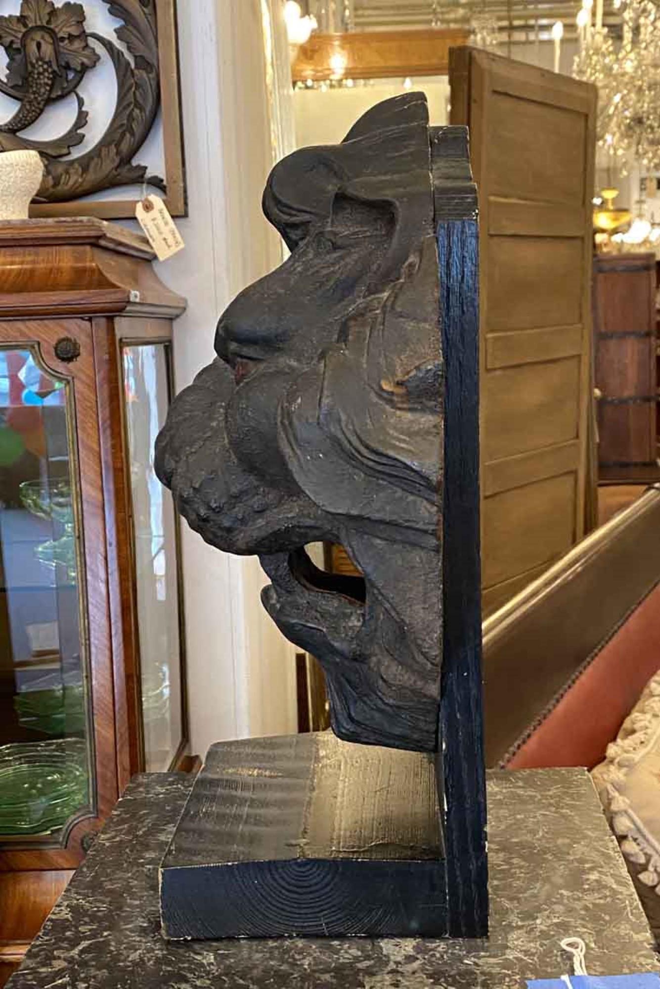 American 1890s Antique Cast Iron Lion Head 3 Dimensional Mounted on a Painted Wood Base