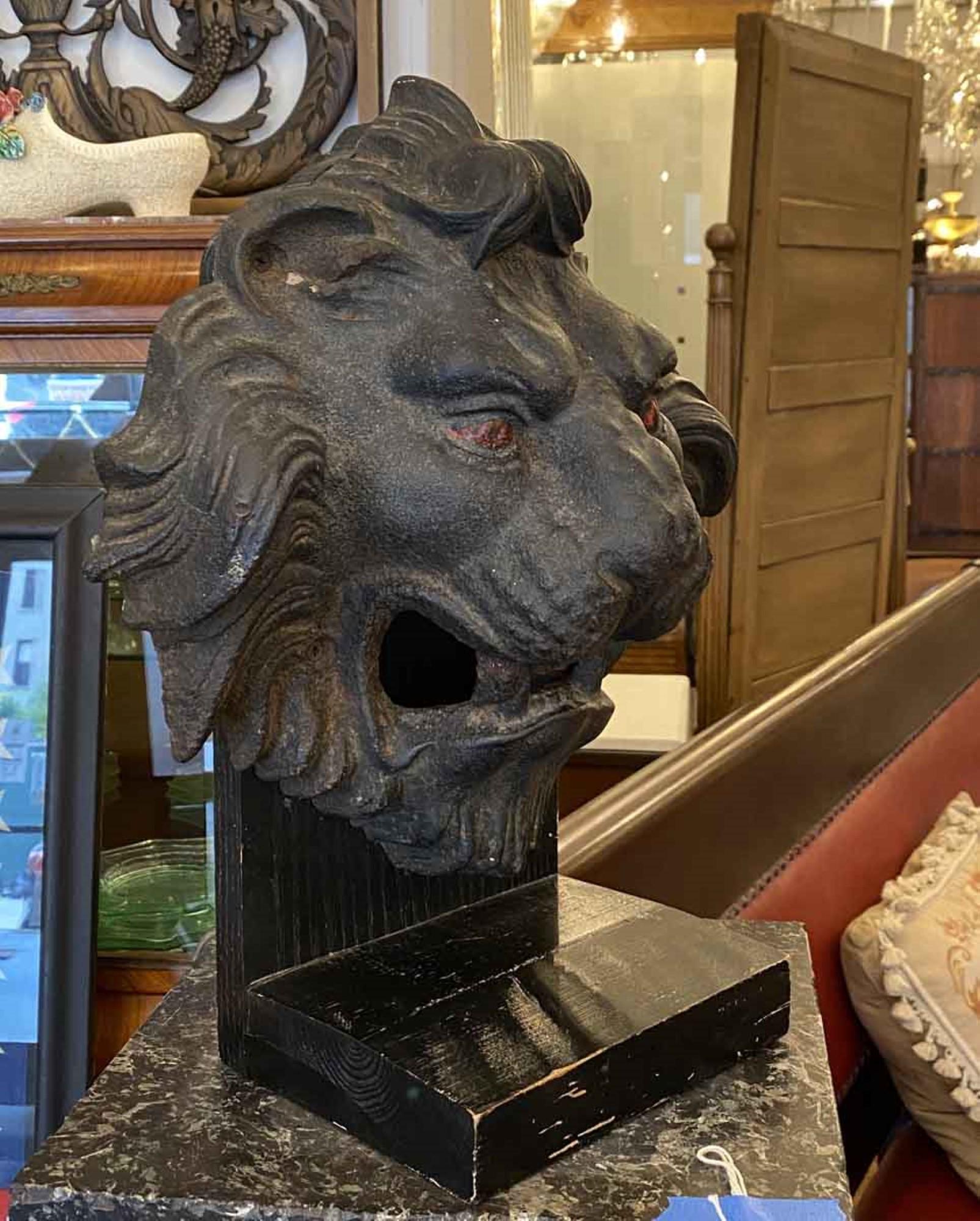 1890s Antique Cast Iron Lion Head 3 Dimensional Mounted on a Painted Wood Base 2