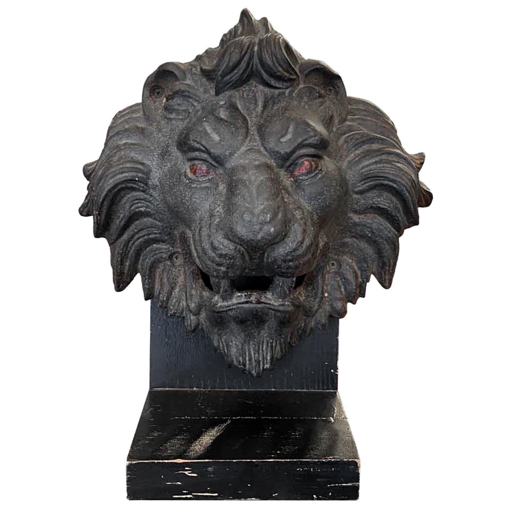 1890s Antique Cast Iron Lion Head 3 Dimensional Mounted on a Painted Wood Base