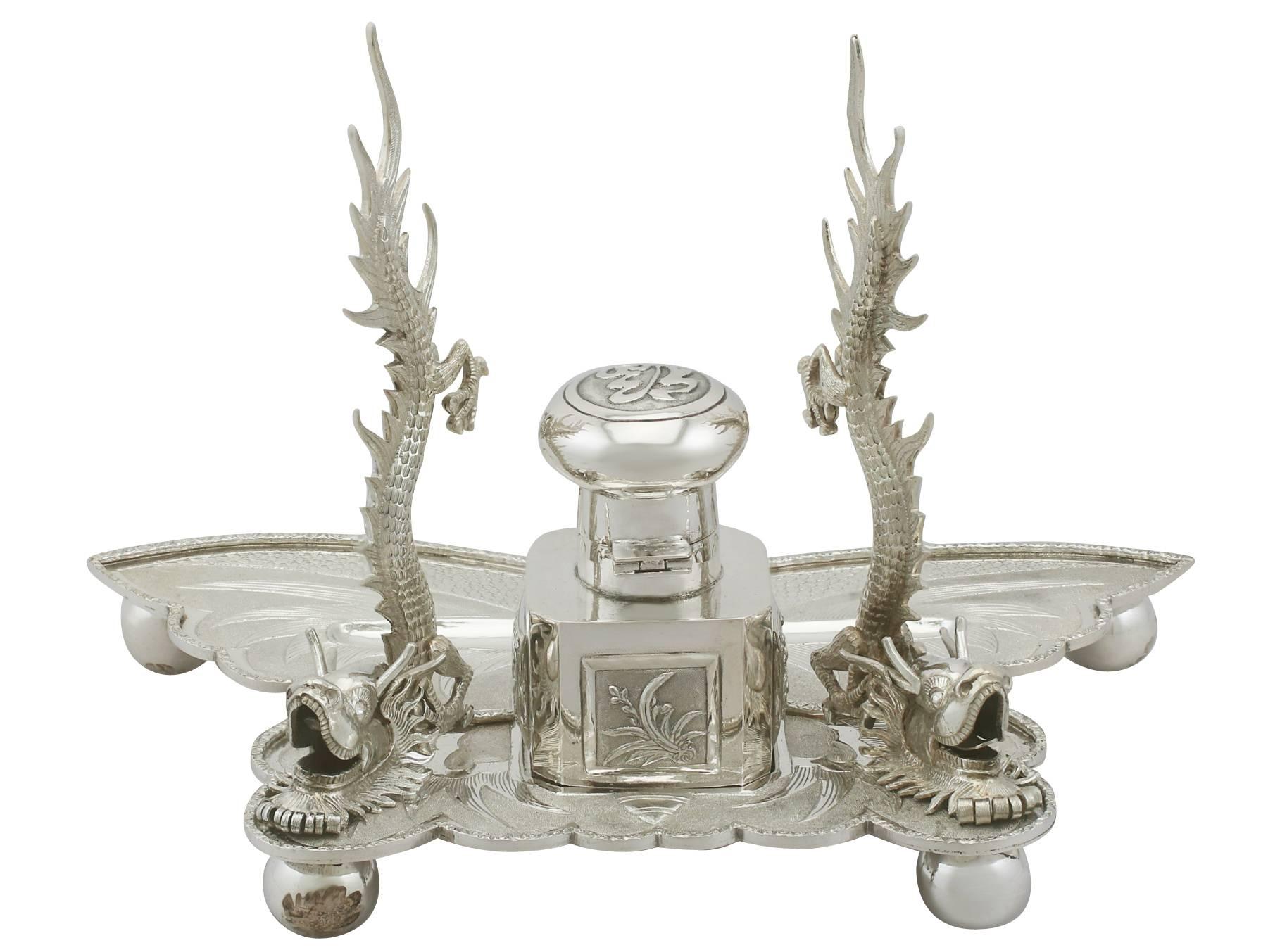 Late 19th Century 1890s Antique Chinese Export Silver Inkstand and Pen Rack by Woshing