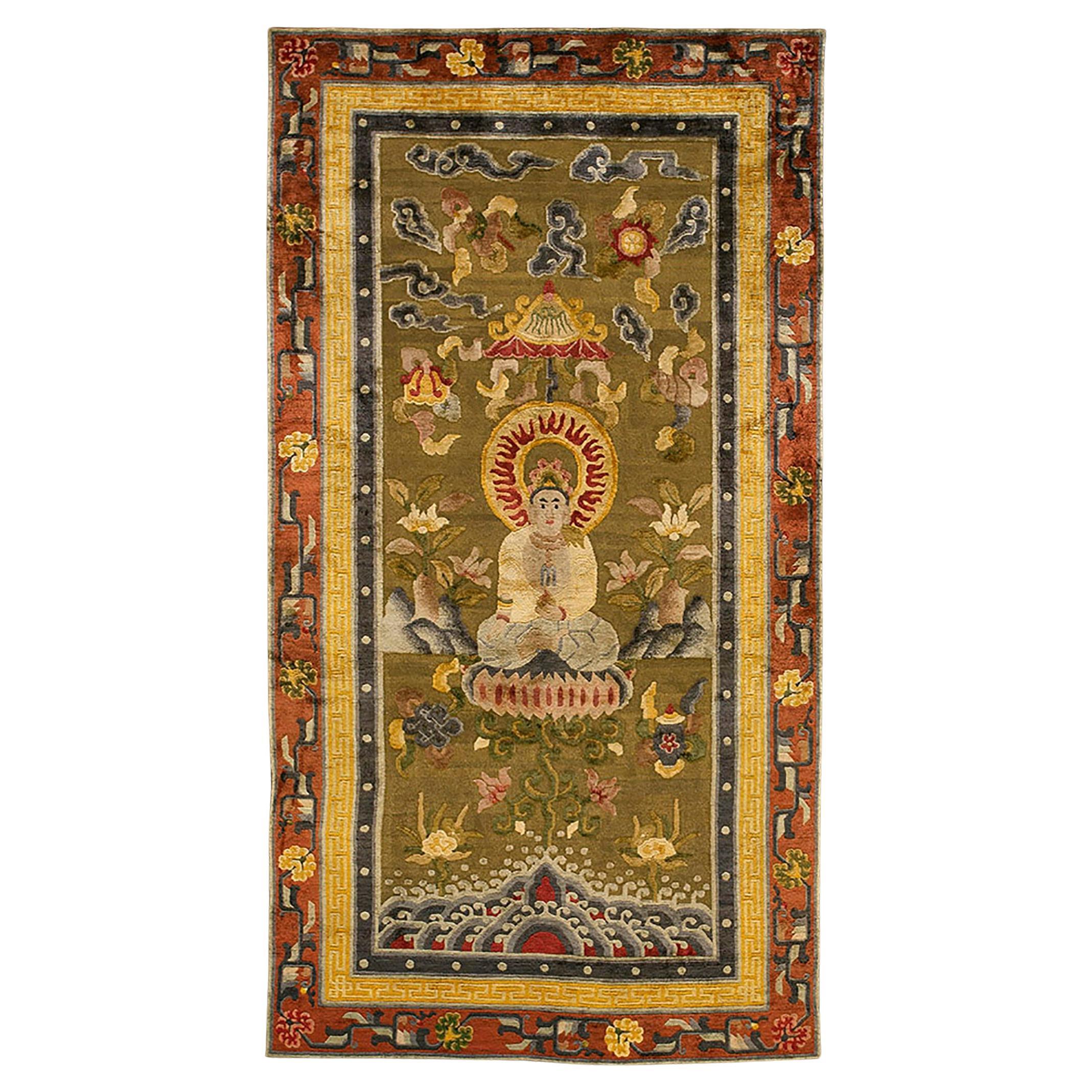 1890s Antique Chinese Silk 
Gold Metallic Thread Meditation Rug 4
x7
 Carpet For Sale