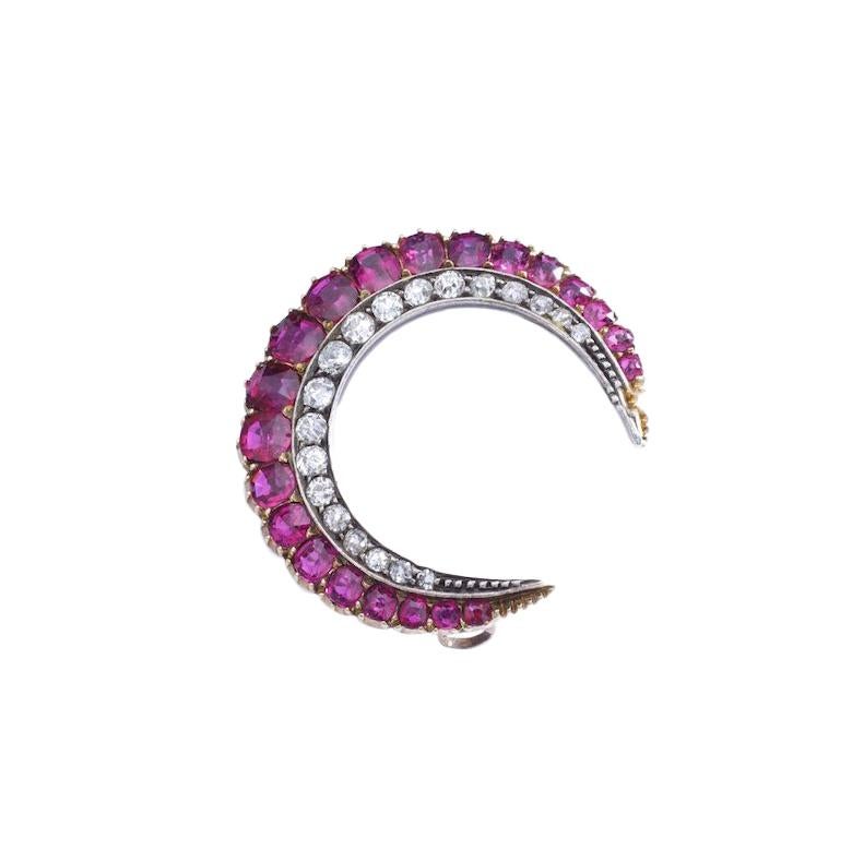 Women's or Men's 1890s Antique Crescent Ruby Diamond Brooch