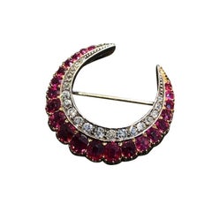 1890s Antique Crescent Ruby Diamond Brooch