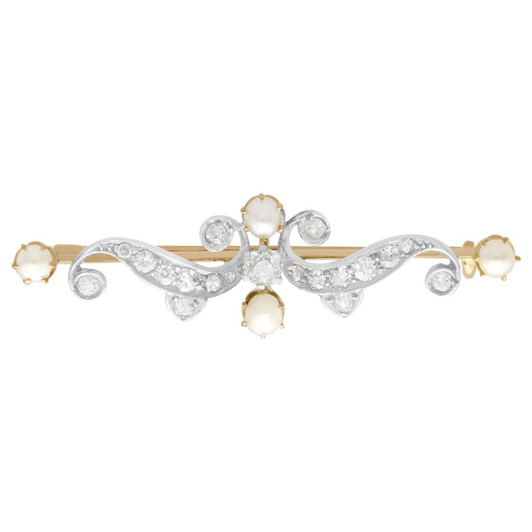 1890s Antique Diamond and Pearl Yellow Gold Brooch For Sale