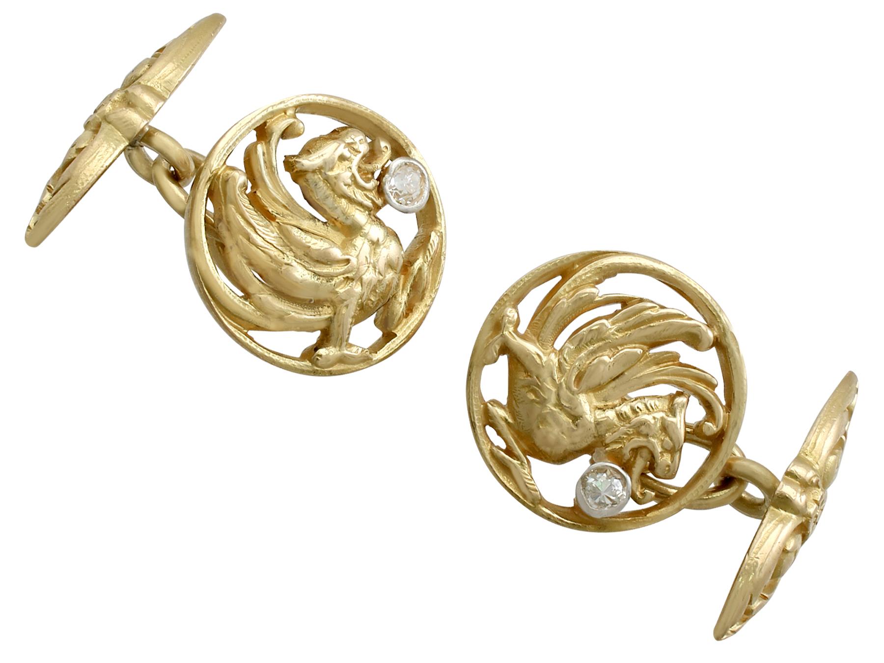 A stunning pair of antique French 0.10 carat diamond and 18 karat yellow gold cufflinks; part of our diverse antique estate jewelry collections.

These fine and impressive antique gold and diamond cufflinks have been crafted in 18k yellow gold with
