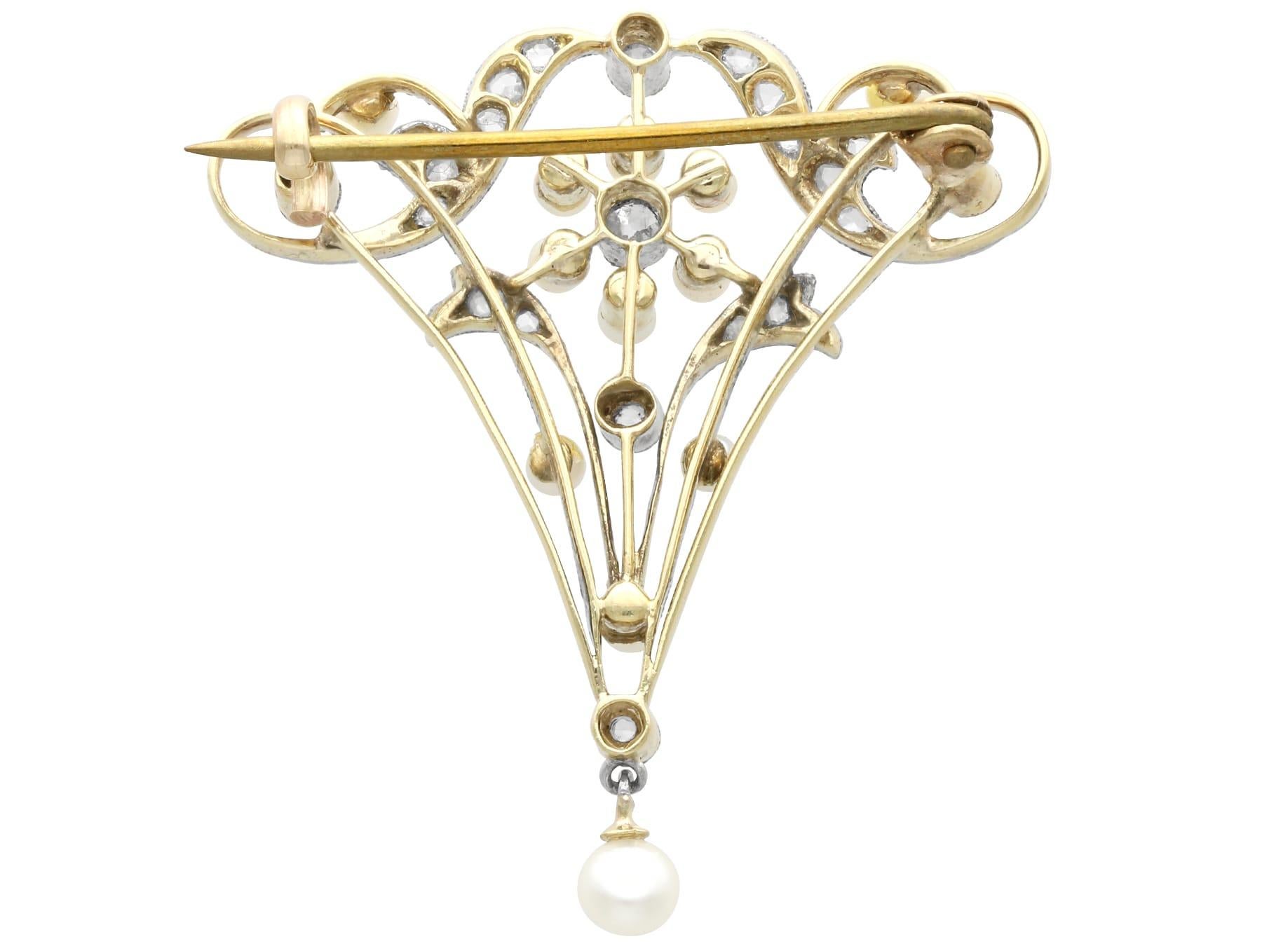 Round Cut 1890s Antique Diamond Pearl and Yellow Gold Brooch Belle Époque For Sale