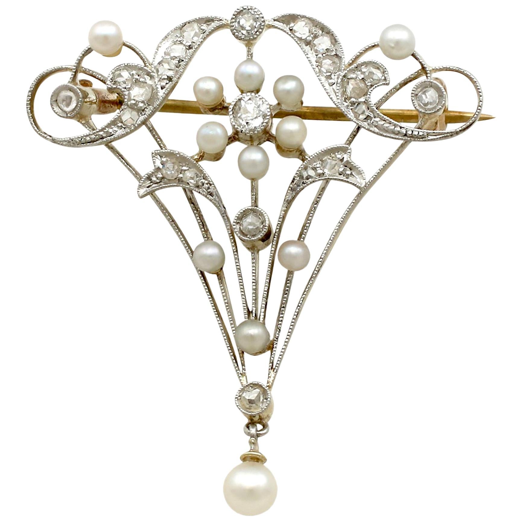 1890s Antique Diamond Pearl and Yellow Gold Brooch Belle Époque