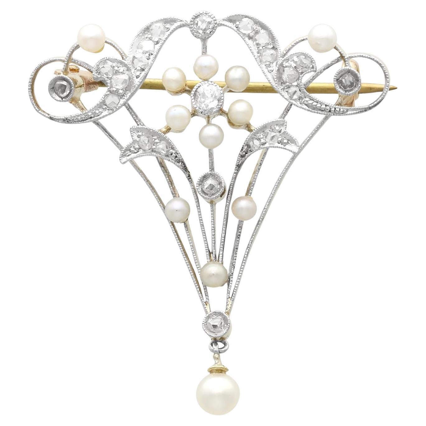 1890s Antique Diamond Pearl and Yellow Gold Brooch Belle Époque For Sale