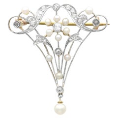 1890s Vintage Diamond Pearl and Yellow Gold Brooch Belle Époque