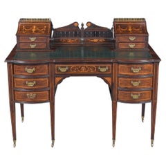 1890er Jahre Antiker englischer Carlton-Schreibtisch mit Mahagoni und Intarsienfurnieren