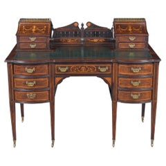 1890s Antique English Carlton Writing Desk with Mahogany and Inlay Veneers