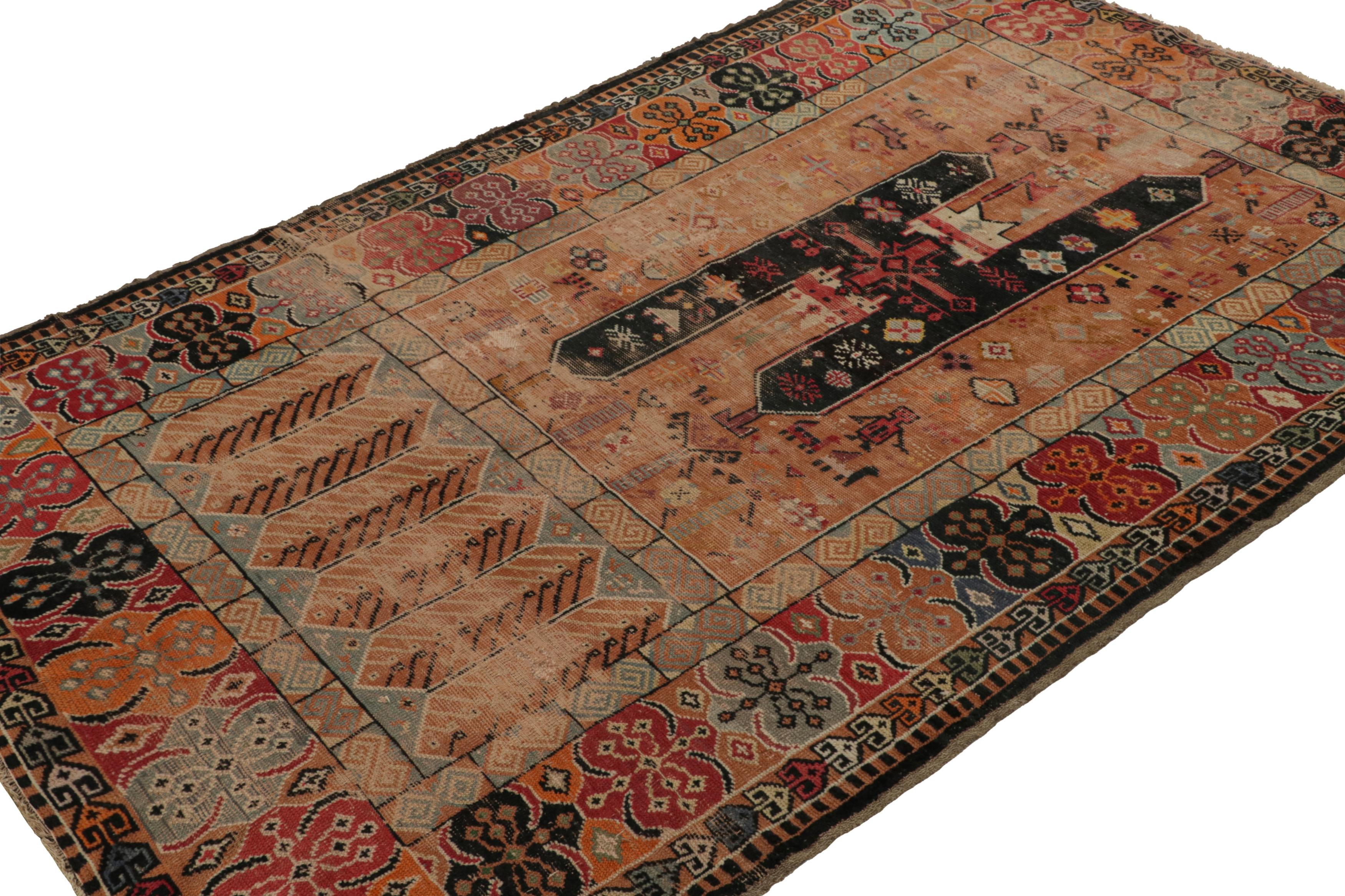 Hand-knotted in wool circa 1890-1900, this 6x9 antique European rug is a rare turn-of-the-century piece, believed to be of Irish or possibly English provenance. 

On the Design:

Admirers of the craft may note an inspiration from primitivist