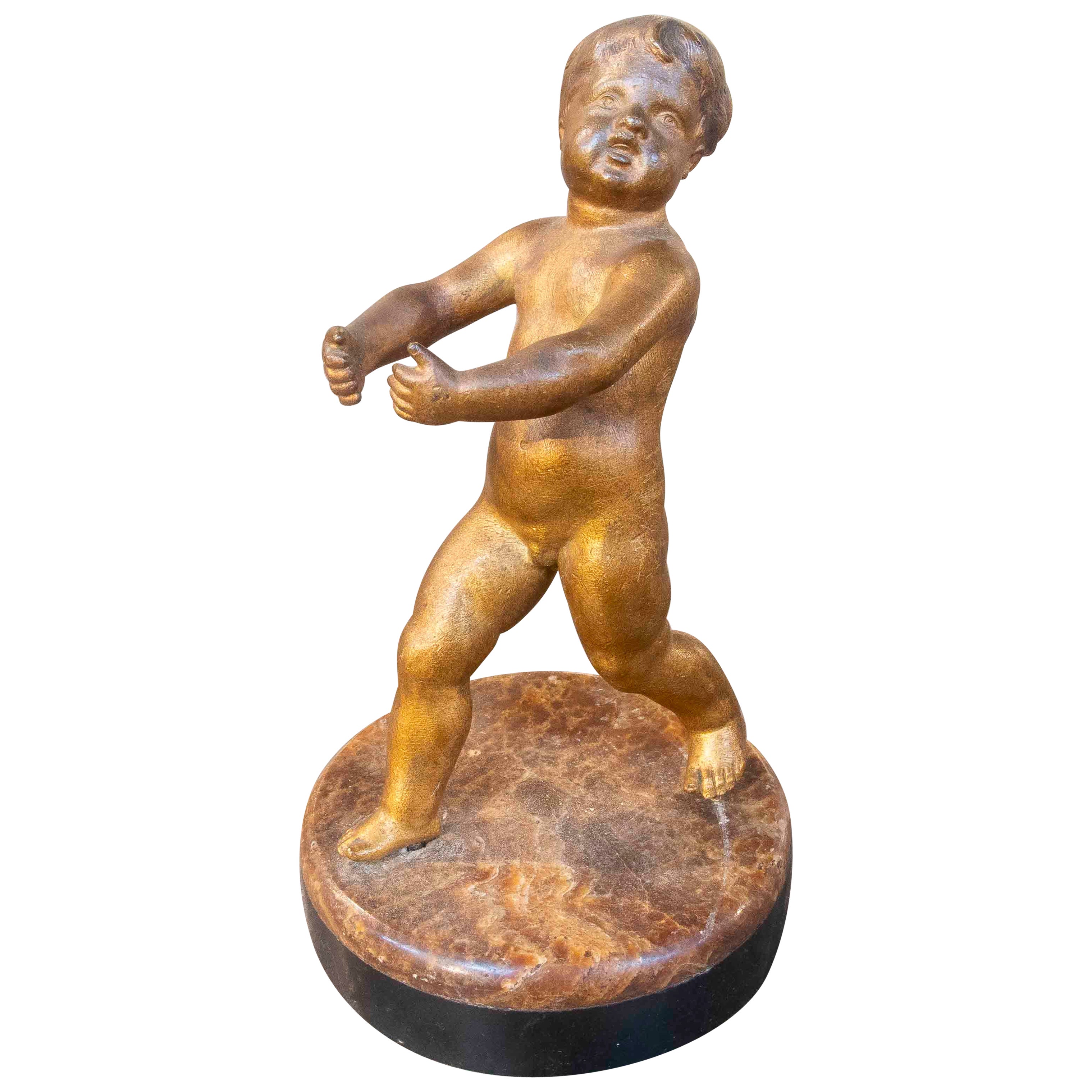 1890s Antique Fire-Gilt Bronze Cherub Sculpture on an Onyx Base For Sale