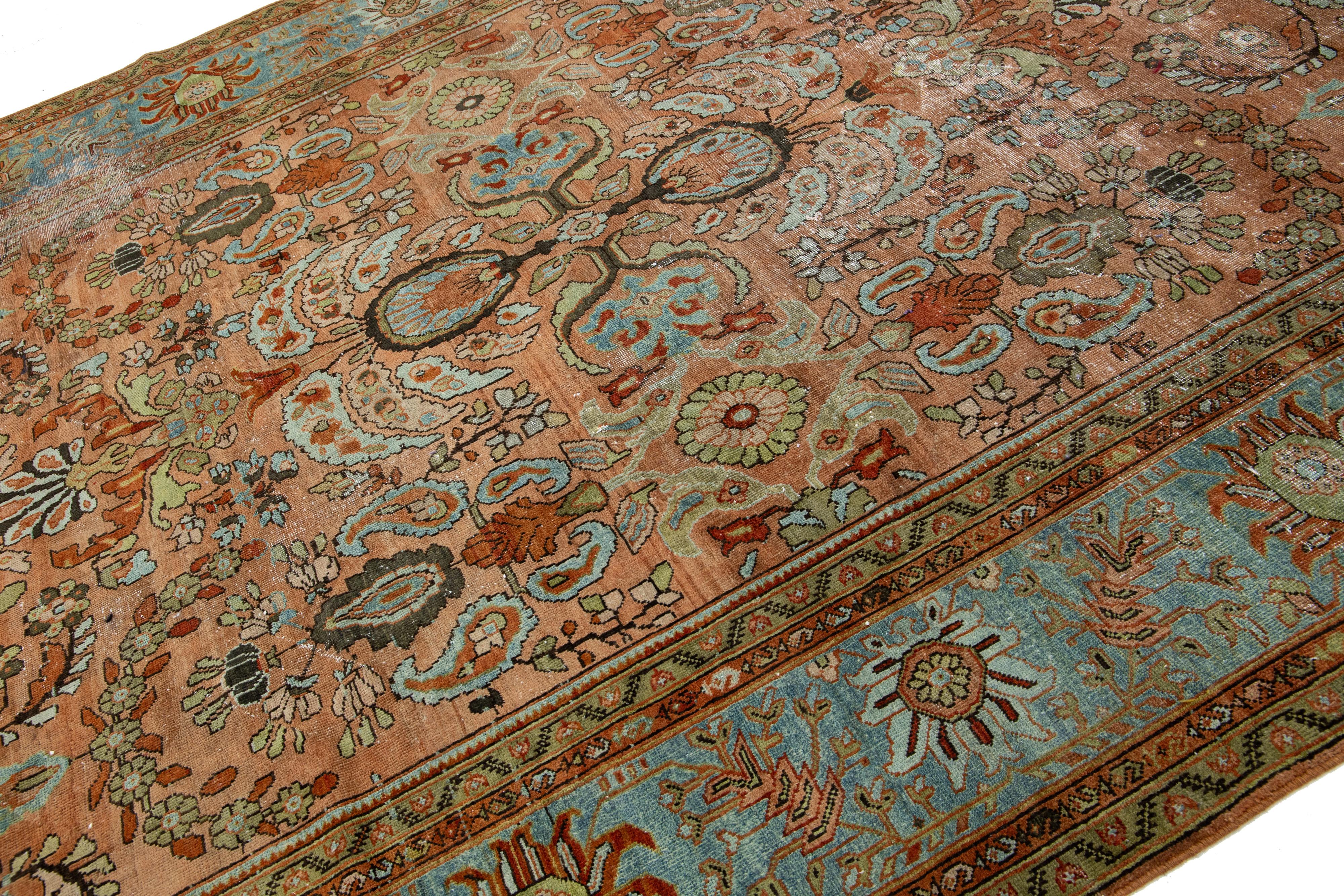 Hand-Knotted 1890s Antique Floral Persian Sultanabad Wool Rug  In Rust  For Sale