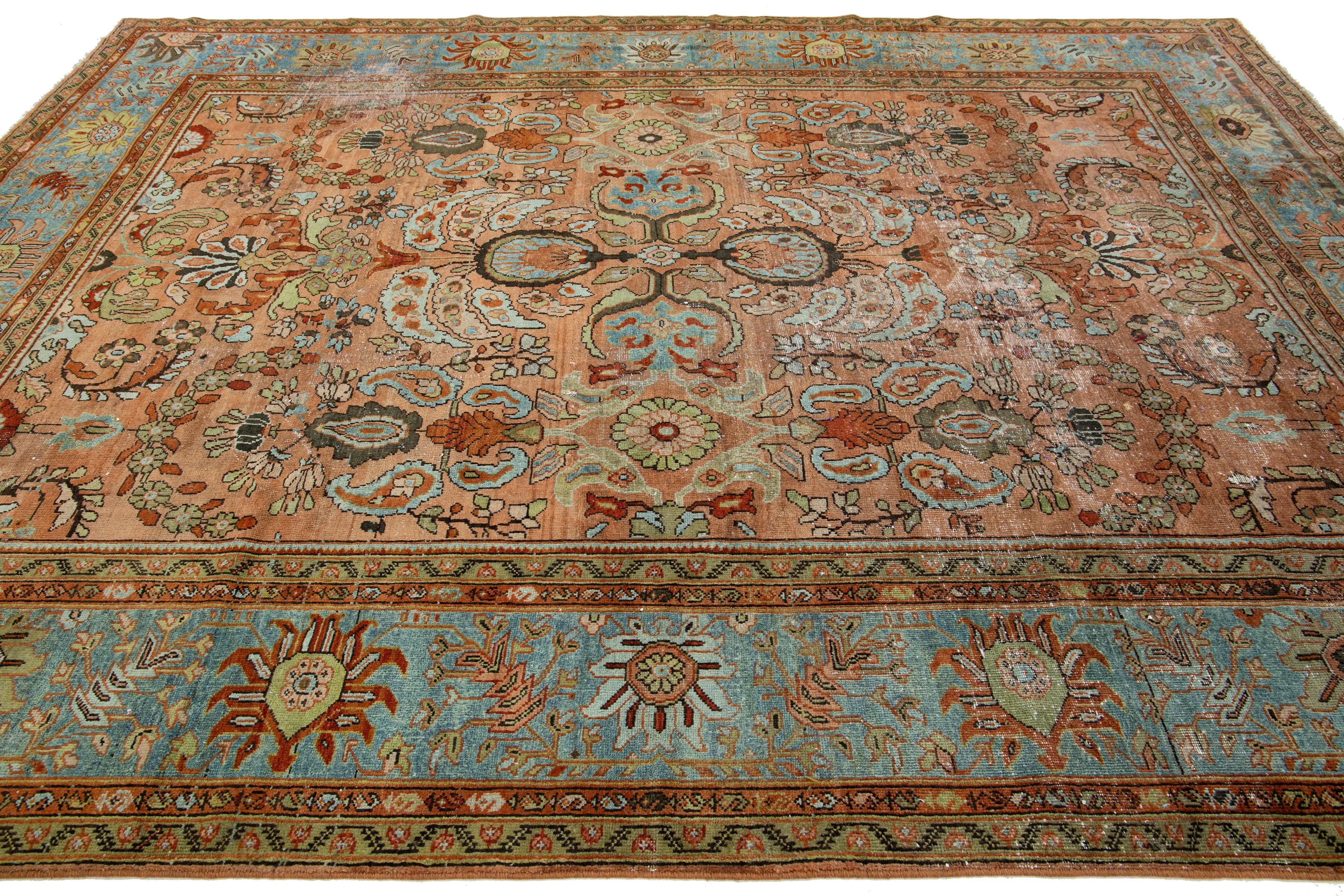 1890s Antique Floral Persian Sultanabad Wool Rug  In Rust  In Good Condition For Sale In Norwalk, CT